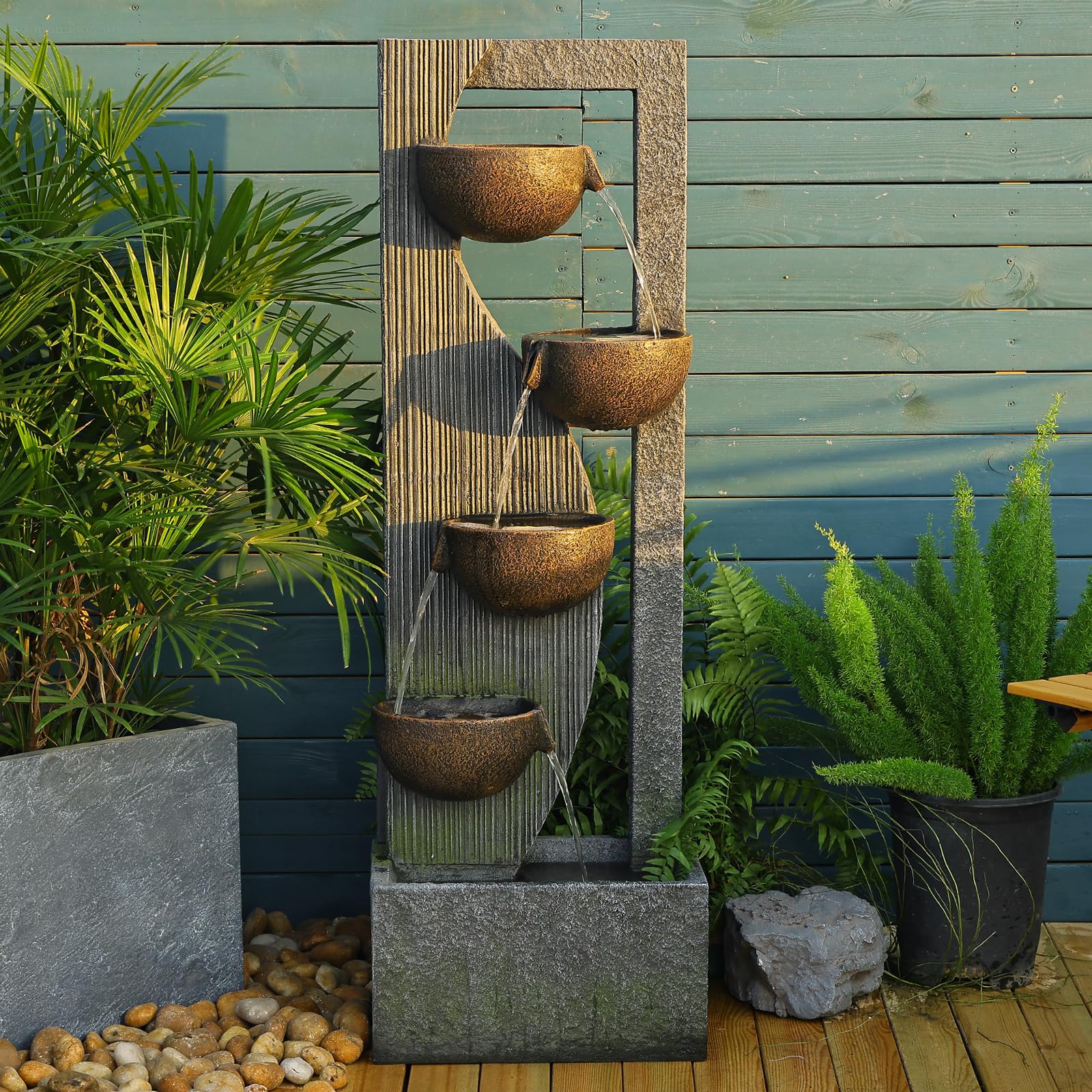 5-Tier Outdoor Water Fountain with LED Lights & Natural Stones - 49.2