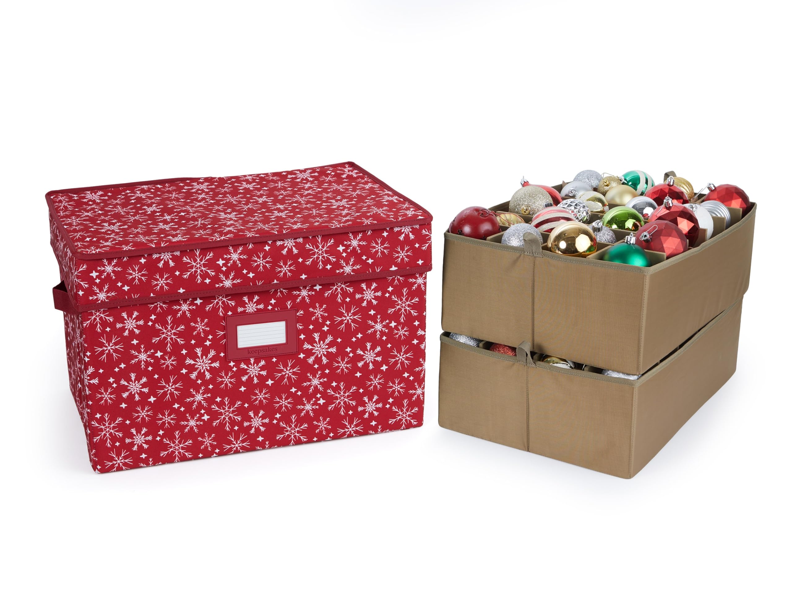 Covermates Adjustable Ornament Storage Box with Carrying Handles & Padded Protection - Holiday Decoration Organizer for Christmas Tree Ornaments (Red Snowflake Design) - Perfect for Seasonal Storage & Home Organization