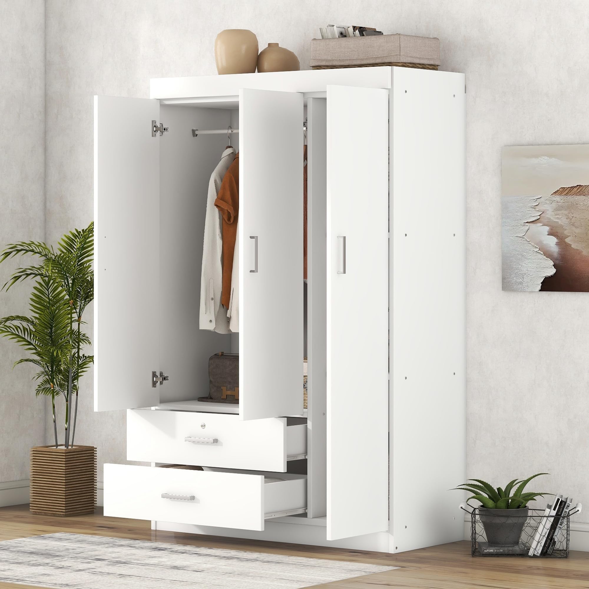 Merax 3-Door Wardrobe Cabinet with Storage Drawers, Shelves & Hanging Rail - Closet Organizer for Bedroom, Clothes Storage & Home Organization | Perfect for Small Spaces, Apartments & Dorm Rooms