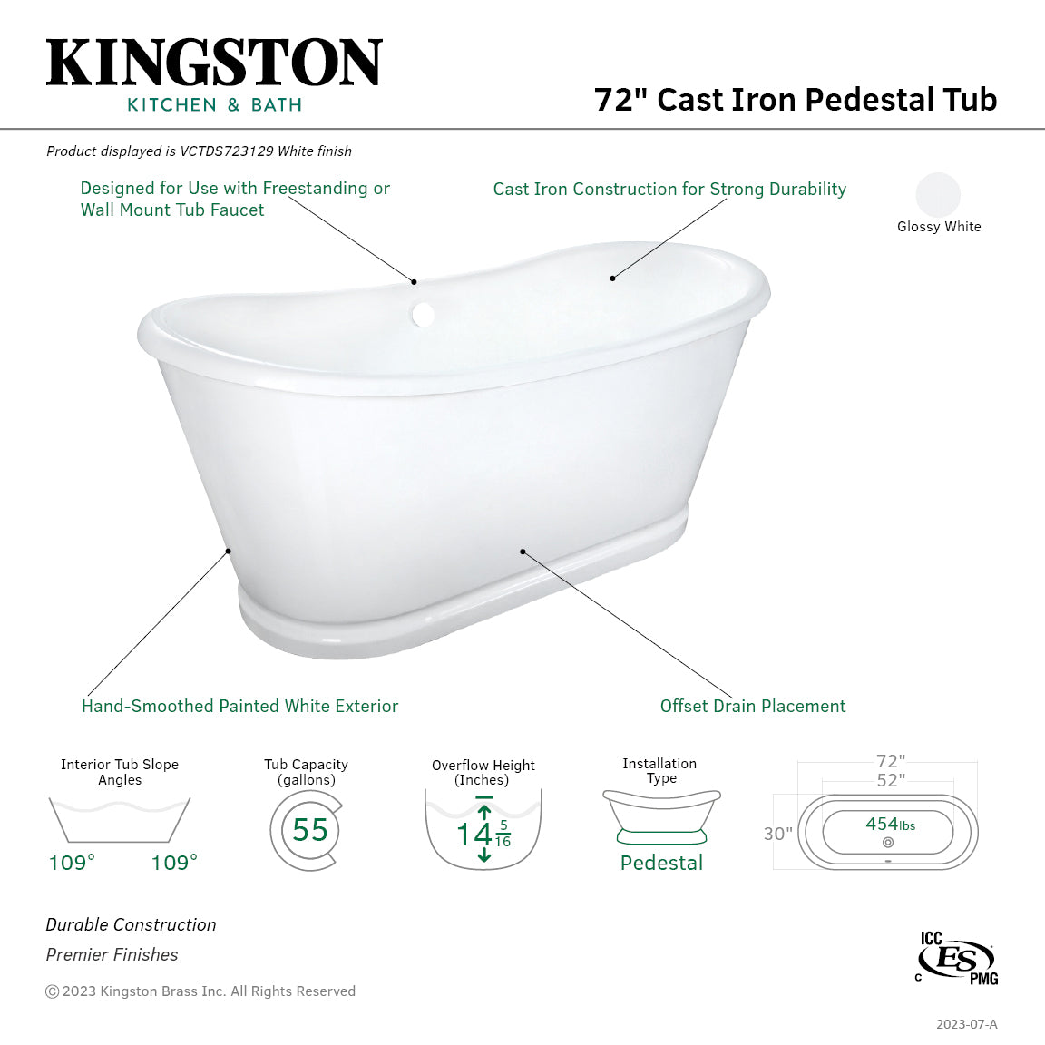 Aqua Eden 72 Inch White Cast Iron Oval Double Slipper Pedestal Bathtub - No Faucet Drillings - Freestanding Soaking Tub for Luxury Bathroom & Spa Relaxation