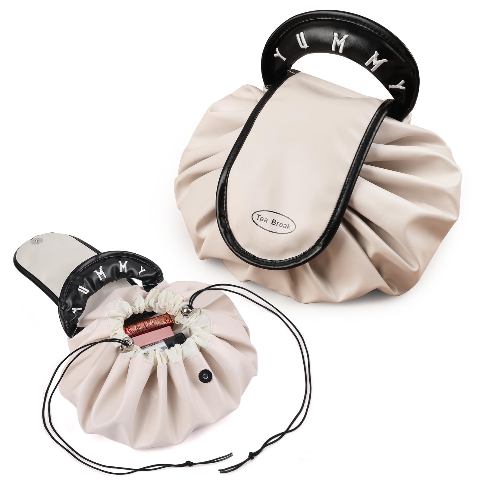 Glorebrochas Large Waterproof Drawstring Makeup Bag with Donut Embroidered Handle - Travel Cosmetic Organizer for Toiletries, Makeup Brushes & Beauty Essentials - Perfect Gift for Teens, Girls & Women - Great for Travel, Gym, Beach & Daily Use (White)