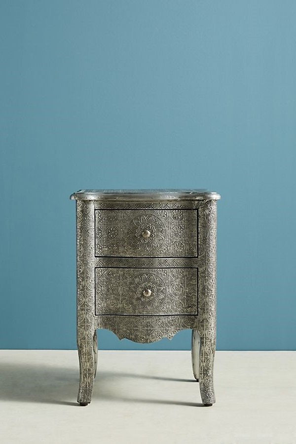 Handmade Exclusive Embossed Silver Metal Nightstand with Two Drawers | Vintage Bedside Table for Bedroom, Living Room & Office | Durable Storage Solution for Books, Lamps & Essentials
