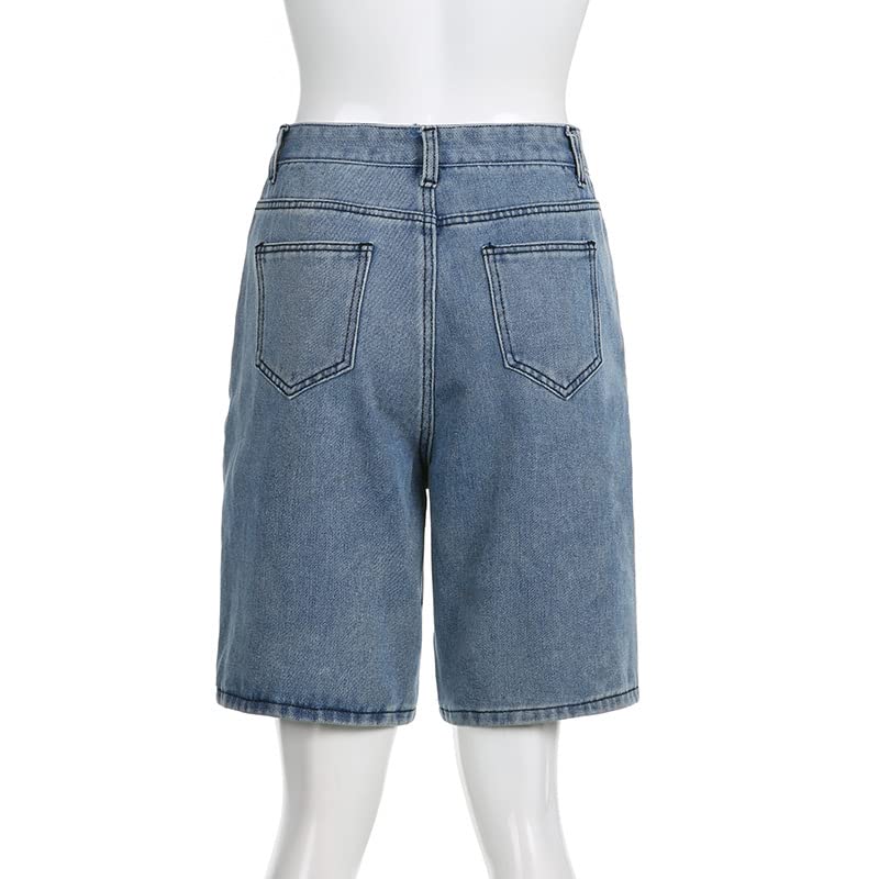 CYee Women's High Waist Denim Shorts - Y2K Grunge Patchwork Star Design, Baggy Straight Leg Jean Shorts for Hip Hop, Goth & Streetwear | Perfect for Summer Outfits, Concerts and Casual Street Style