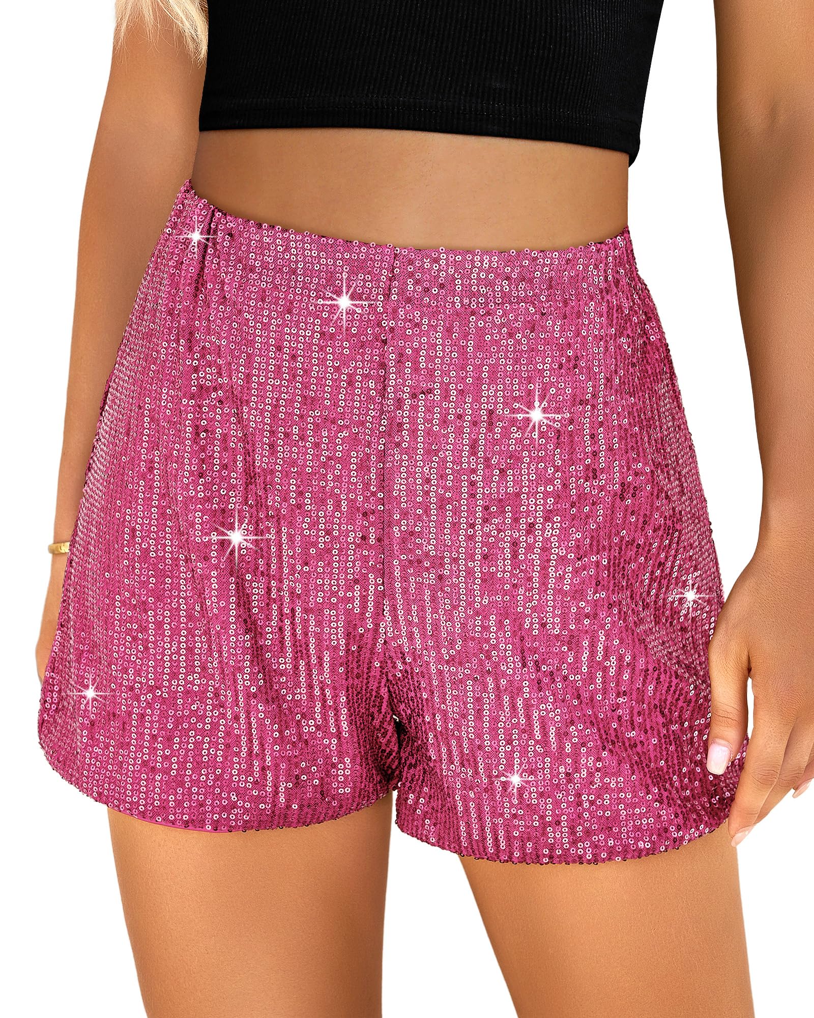 Luvamia Women's Sequin Shorts - High Waisted Stretchy Glitter Pull On Shorts for Holiday Party, Club, Night Out & Festival Outfits | Trendy Sparkly Fashion for Women