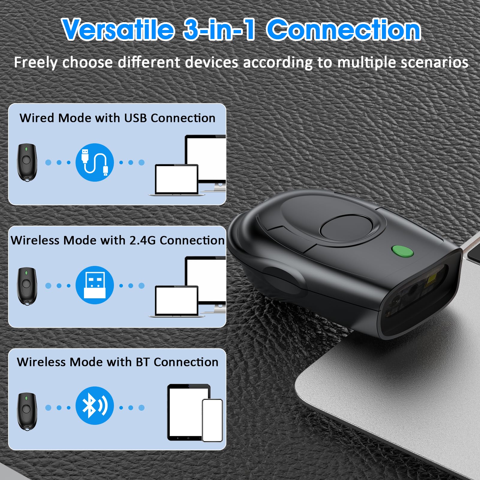 Symcode Mini Bluetooth Barcode Scanner - Portable 1D Wireless Barcode Reader with 3-in-1 Connectivity (Bluetooth/2.4G/USB) for Android, iOS, Windows & Computers | Ideal for Retail, Warehouse & Inventory Management