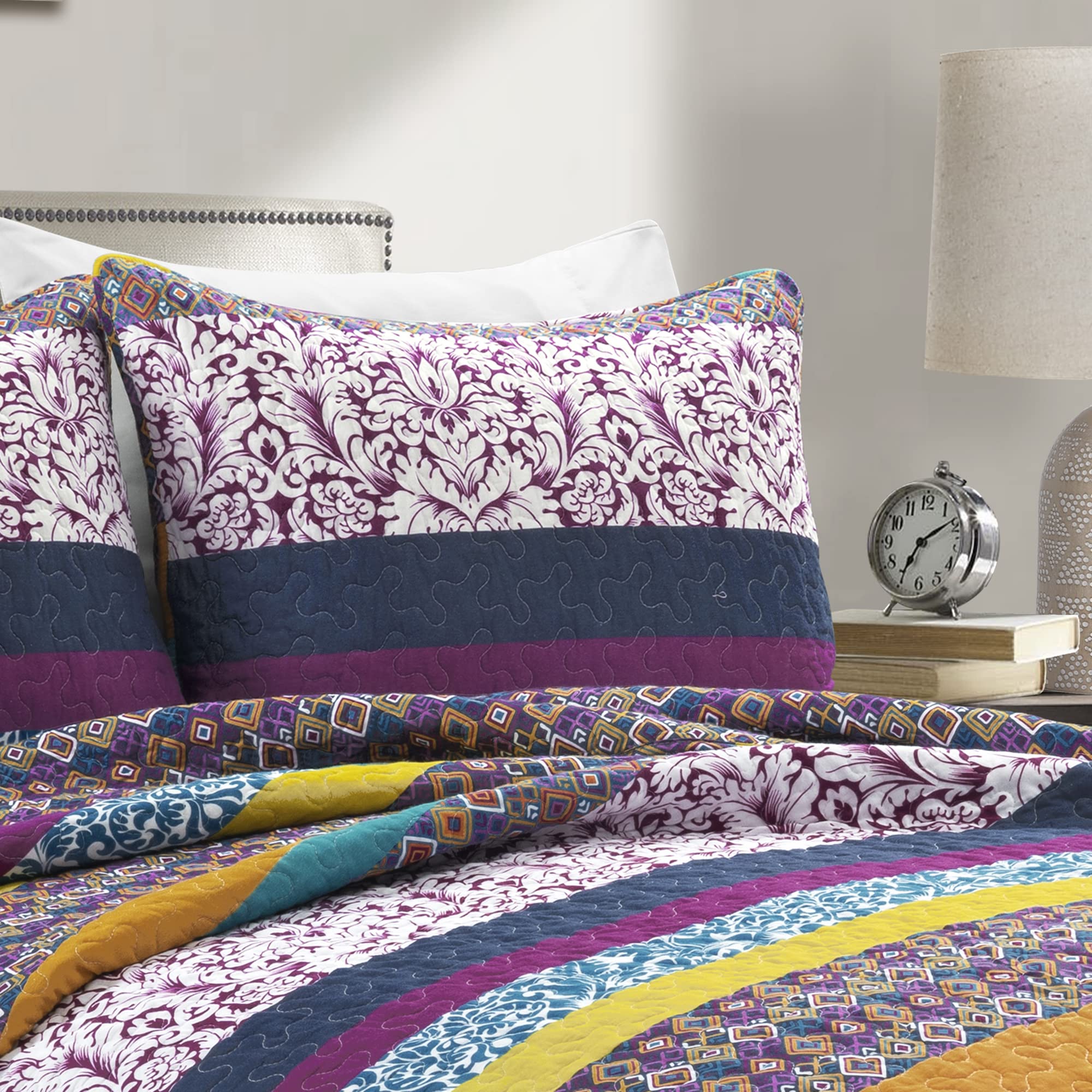 Lush Decor Boho Stripe Reversible Cotton Quilt 3-Piece Set | Full/Queen Size | Plum & Yellow Bohemian Bedding | Soft & Breathable Cotton | Perfect for Guest Rooms, Dorms & Bohemian Bedroom Decor