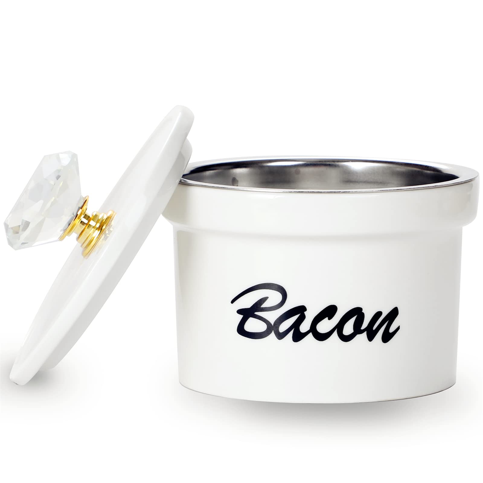 Premium 12.5 oz Ceramic Bacon Grease Keeper with Crystal Lid & Built-in Strainer - Farmhouse Style Kitchen Oil Storage Container for Countertop - Perfect for Collecting & Filtering Cooking Oil (Gold) - Ideal for Home Chefs, Southern Cooking & Rustic Kitchen Decor