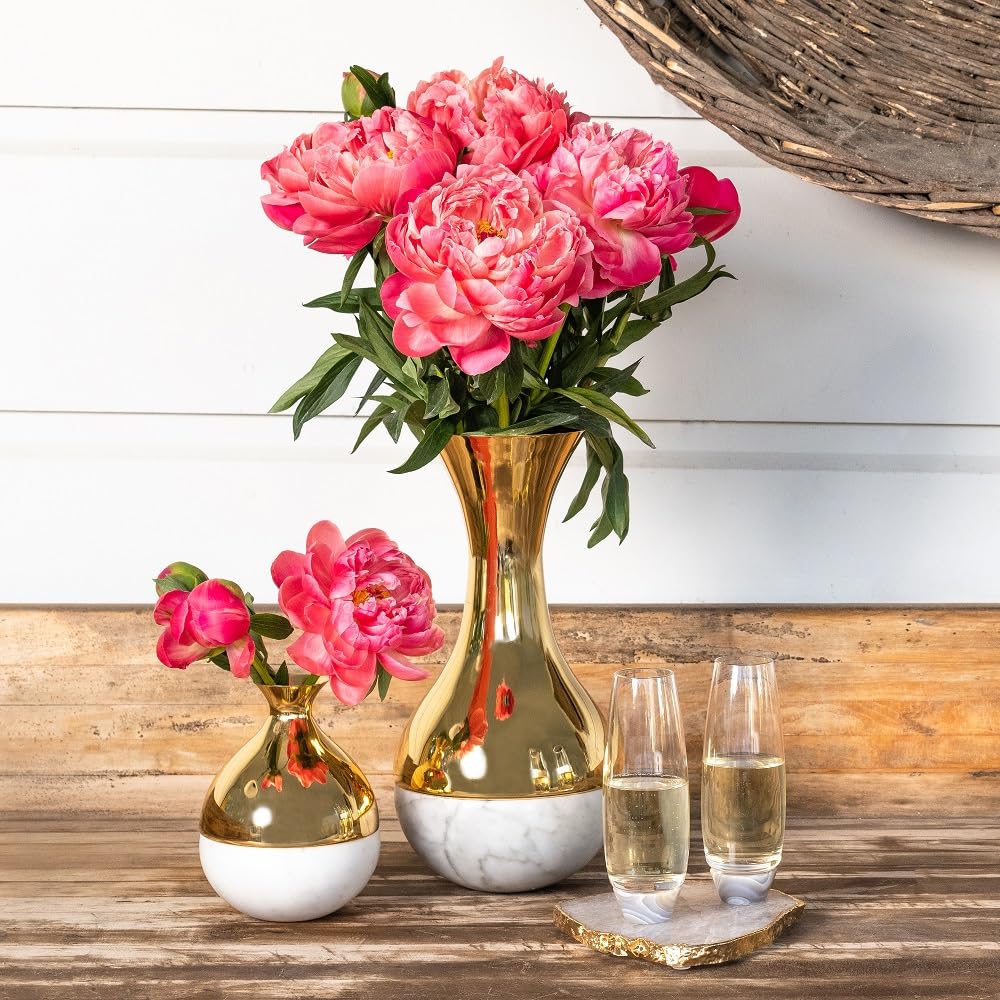 Anna New York Dual Vase: Carrara Gold Marble & Metal Modern Home Decor - Perfect for Living Room Centerpiece, Wedding Gift & Luxury Interior Design