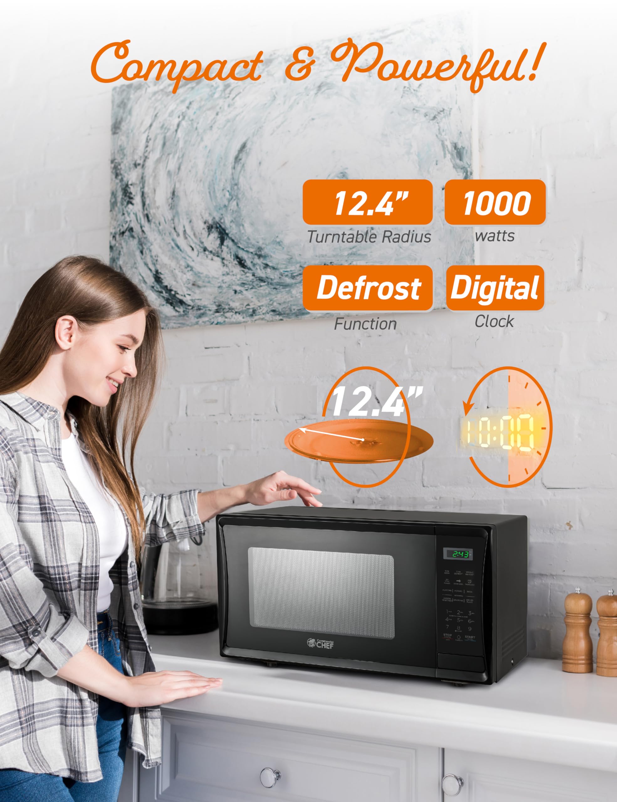 Commercial Chef 1.1 Cu Ft 1000W Countertop Microwave with 10 Power Levels, Push Button Door Lock, Turntable & Digital Controls - Perfect for Kitchens, Offices, Dorms & Small Spaces (Black)