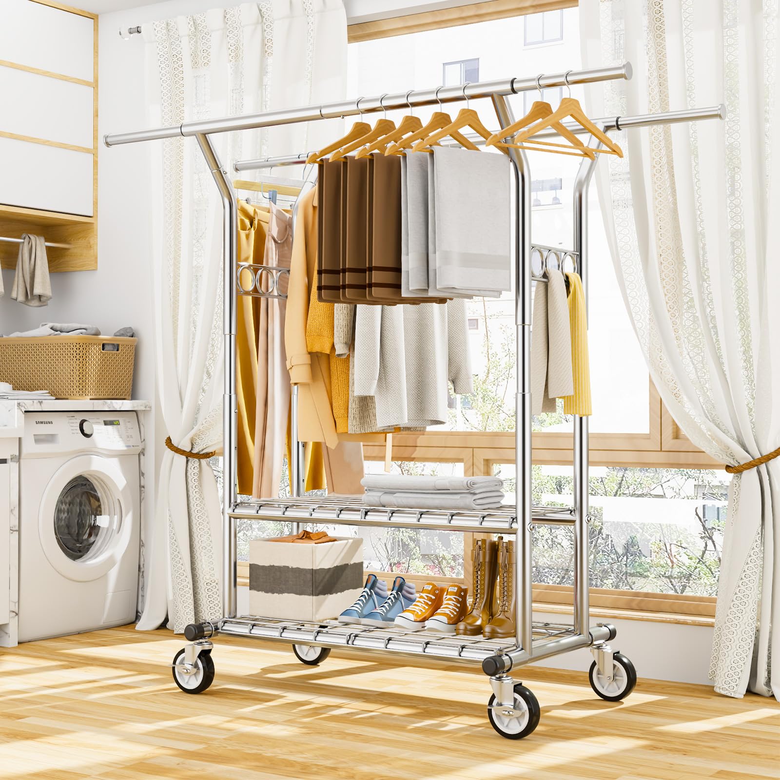 Heavy Duty Rolling Garment Rack with Shelves - 620 lbs Capacity, Adjustable Double Rod Clothes Hanger for Hanging Clothes, Portable Wheeled Clothing Rack for Home, Office, and Retail Store Use