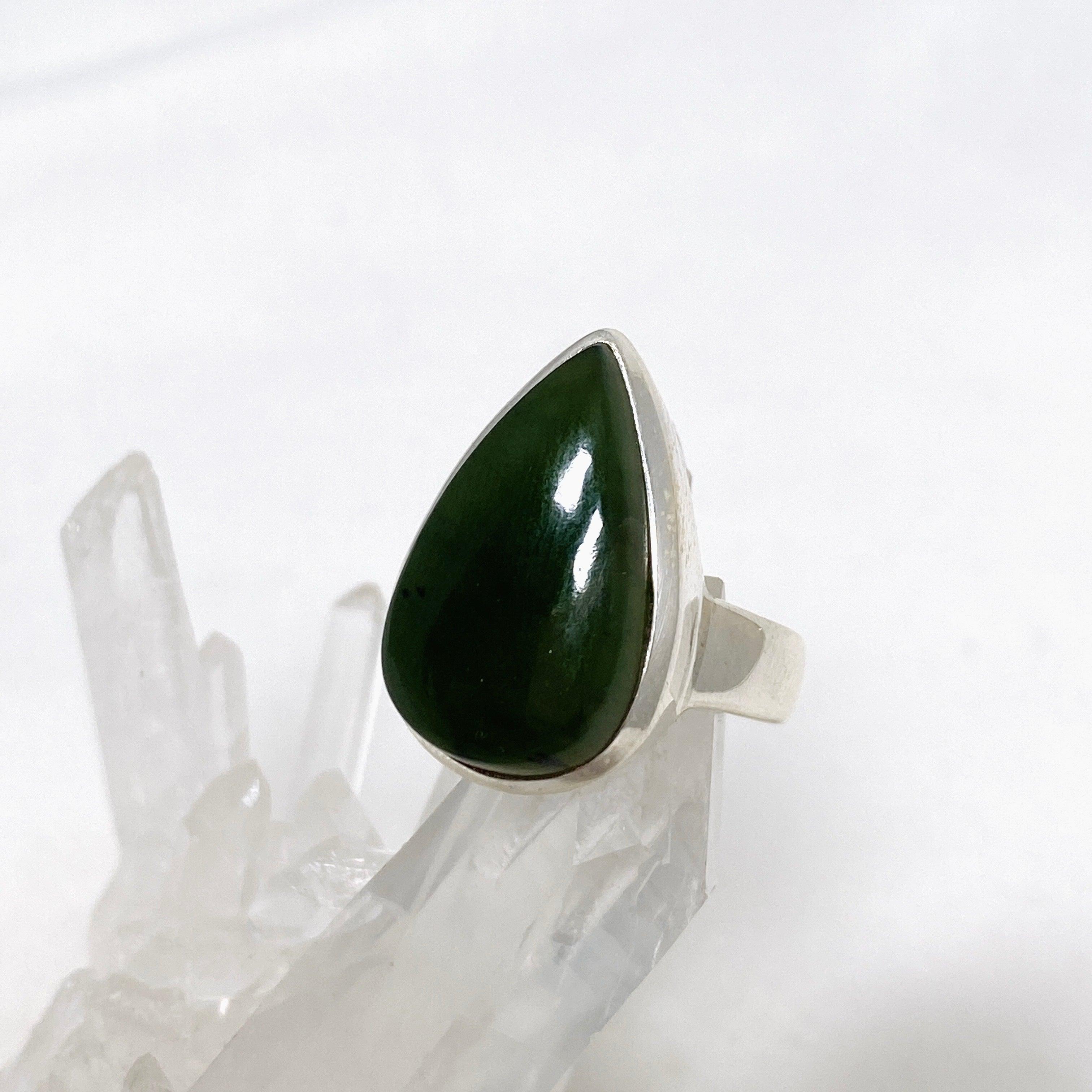 Natural Siberian Jade Nephrite Teardrop Ring - Size 8.5 - Elegant Handmade Jewelry for Women - Perfect for Weddings, Parties & Special Occasions
