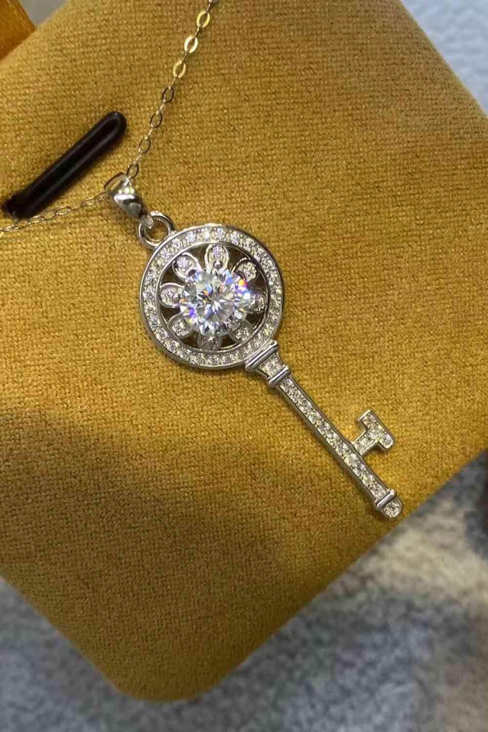 1 Carat Moissanite Platinum Plated Key Pendant Necklace for Women - Elegant Jewelry Gift for Valentine's Day, Anniversary & Special Occasions
