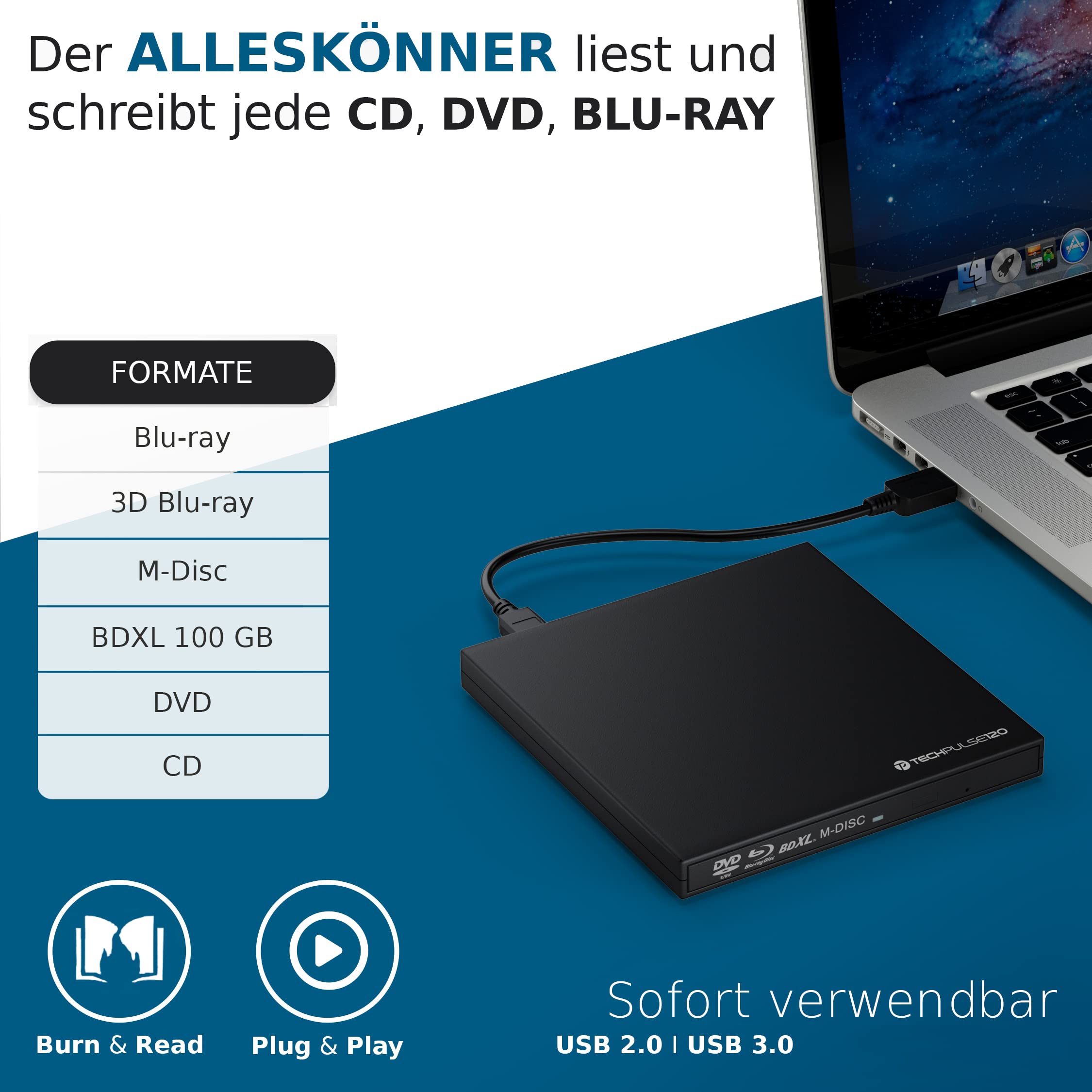 techPulse120 External Blu-Ray Burner USB 3.0 - Slim BDXL M-Disc 3D Blu-ray DVD CD Writer for PC, Mac, Laptop - Perfect for Data Backup, Media Archiving & Home Entertainment