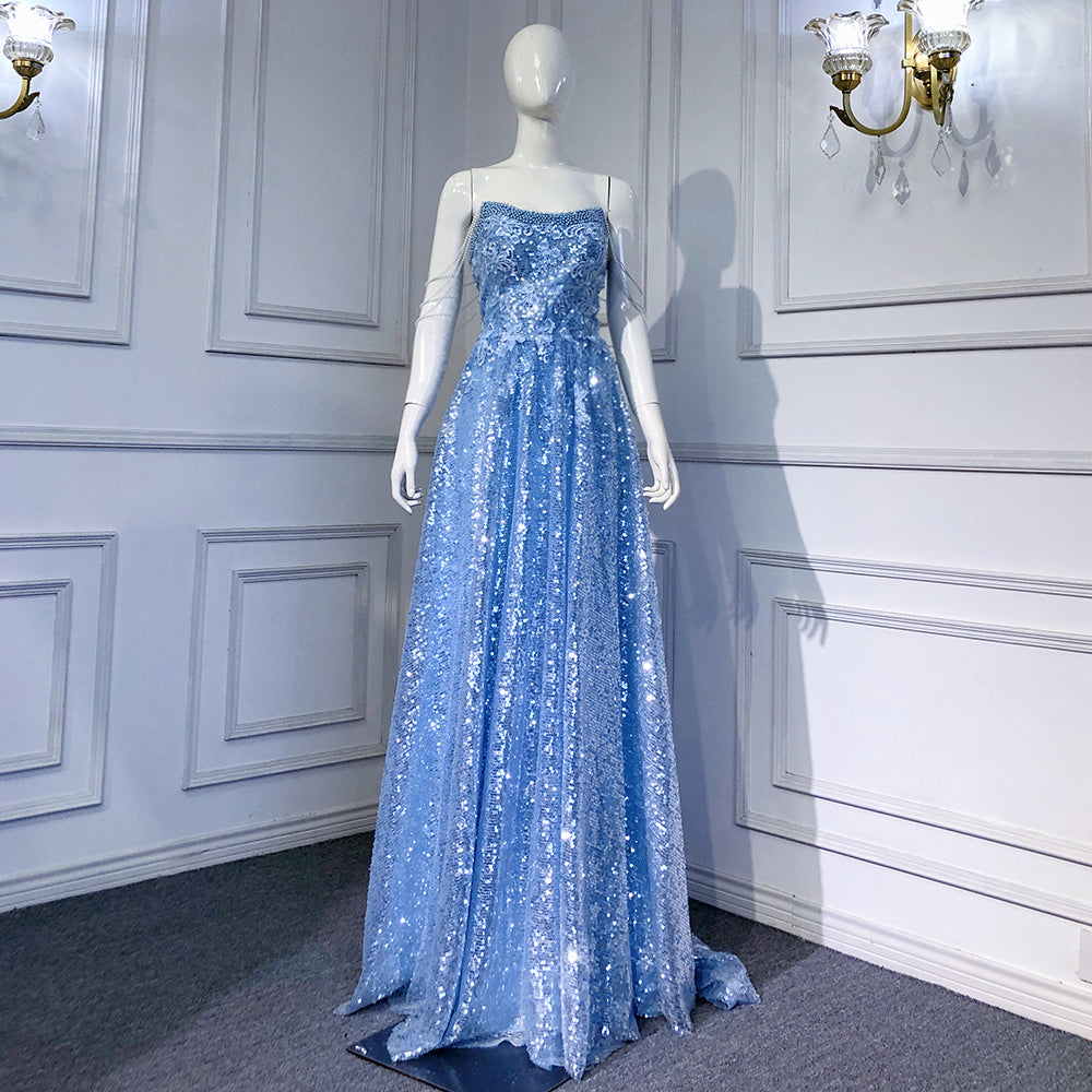 Elegant Blue A-Line Beaded Evening Gown for Women - Sparkling Luxury Dress for Weddings, Parties & Special Occasions - Serene Hill Collection 2025