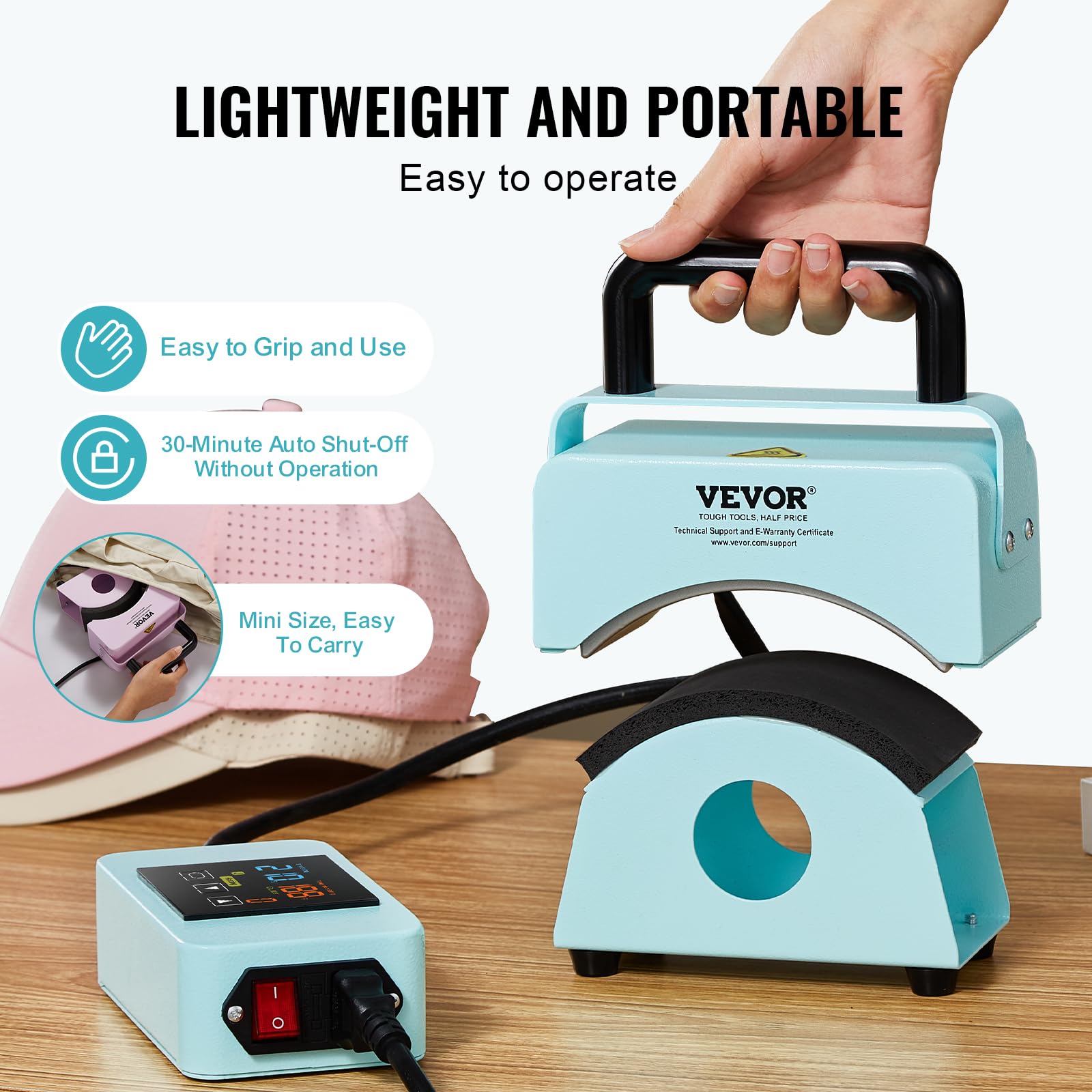 VEVOR Mini Hat Heat Press Machine for Caps - 5.9x3.15 Inch Curved Heating Plate with Safety Base, Glove & Auto Shut-Off - Perfect for Custom Hat Printing, DIY Projects & Small Business Use