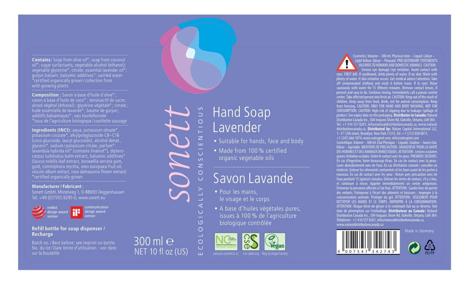 Organic Lavender Hand Soap by Sonett - 16.9oz (500ml) - Natural, Vegan & Cruelty-Free - Gentle Moisturizing for Dry Skin - Perfect for Bathroom, Kitchen & Travel Use