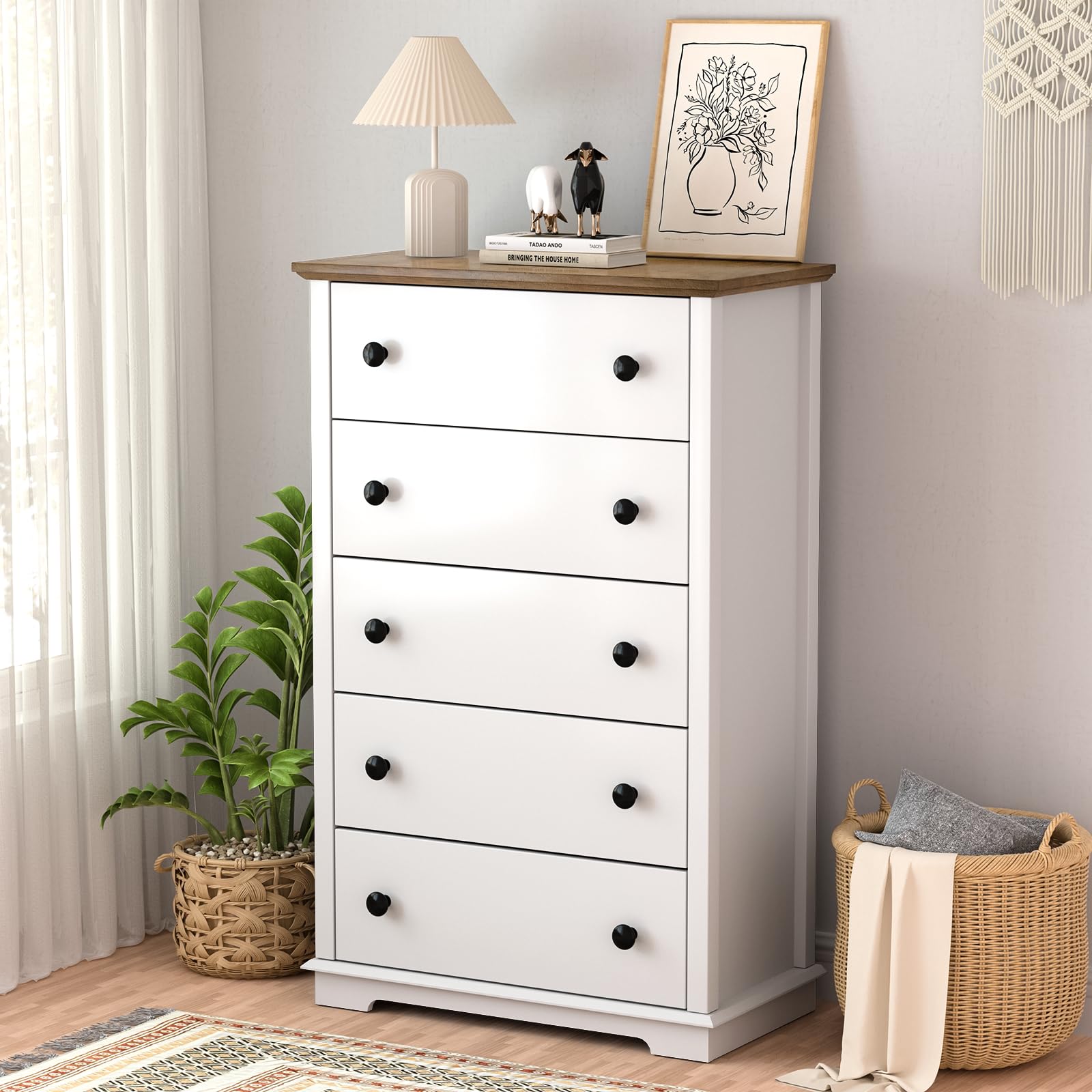 HIFYOBRO 5-Drawer Dresser with Double Anti-Tip Safety, White Wooden Chest of Drawers for Bedroom, Living Room & Entryway - Sturdy Storage Solution for Clothes, Toys & Home Organization