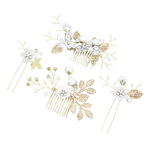 Jojofuny Floral Bridal Hair Comb Clip Set - 4pcs Rhinestone Pearl Bead Flower Leaf Vine Side Hair Combs for Wedding Bride Women & Girls - Perfect for Bridal Shower, Prom, Formal Events & Special Occasions