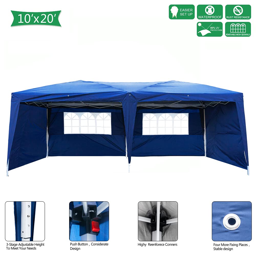 10' x 20' Heavy Duty Waterproof Pop Up Canopy Tent - Outdoor Party Gazebo with 4 Removable Sidewalls & 2 Bright Windows - Portable Folding Shelter with Carry Bag (Blue) - Perfect for Backyard BBQs, Camping, Weddings, and Outdoor Events
