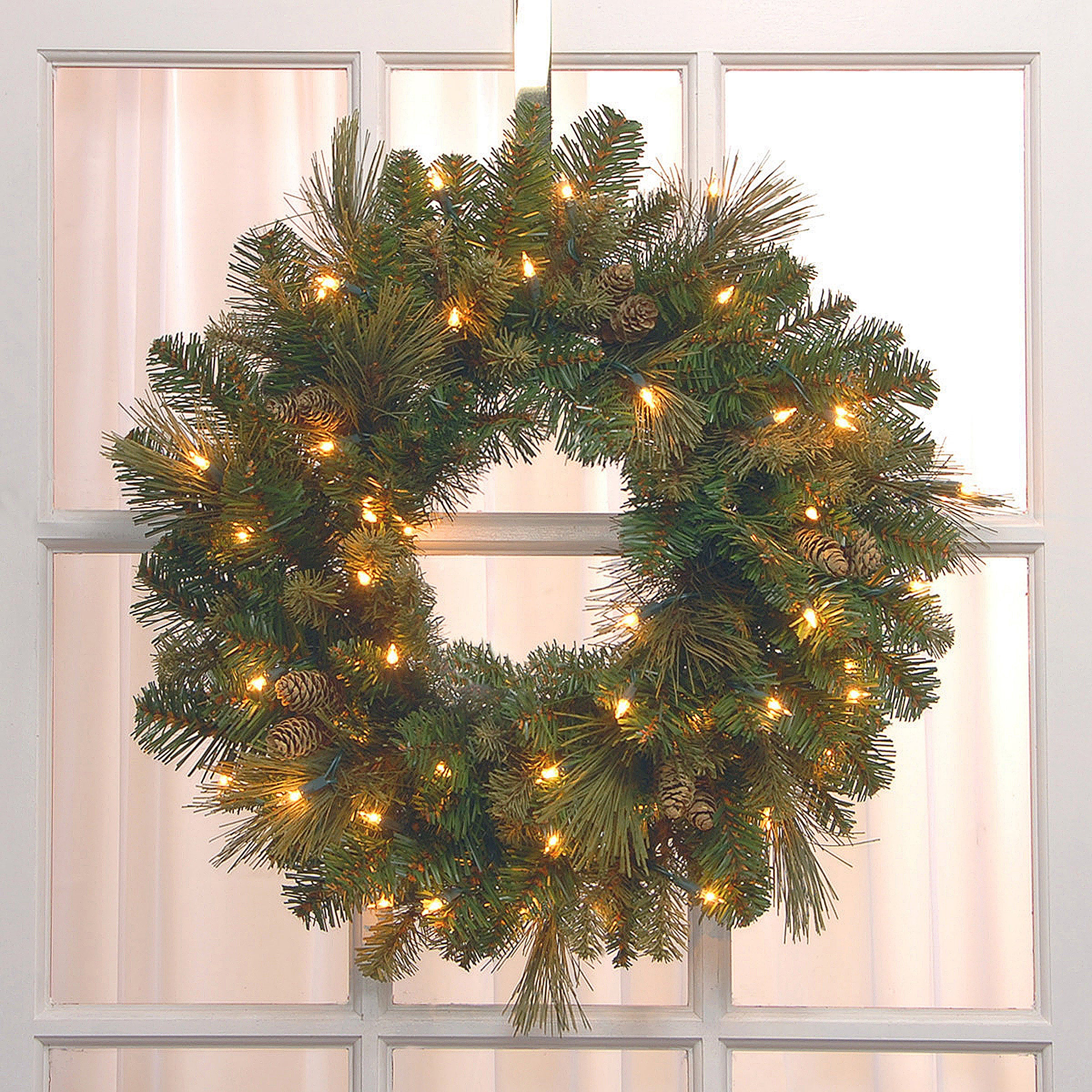 24-Inch Pre-Lit Carolina Pine Christmas Wreath with Warm White LED Lights - Perfect for Holiday Door Decor, Fireplace Mantel & Festive Home Decorations