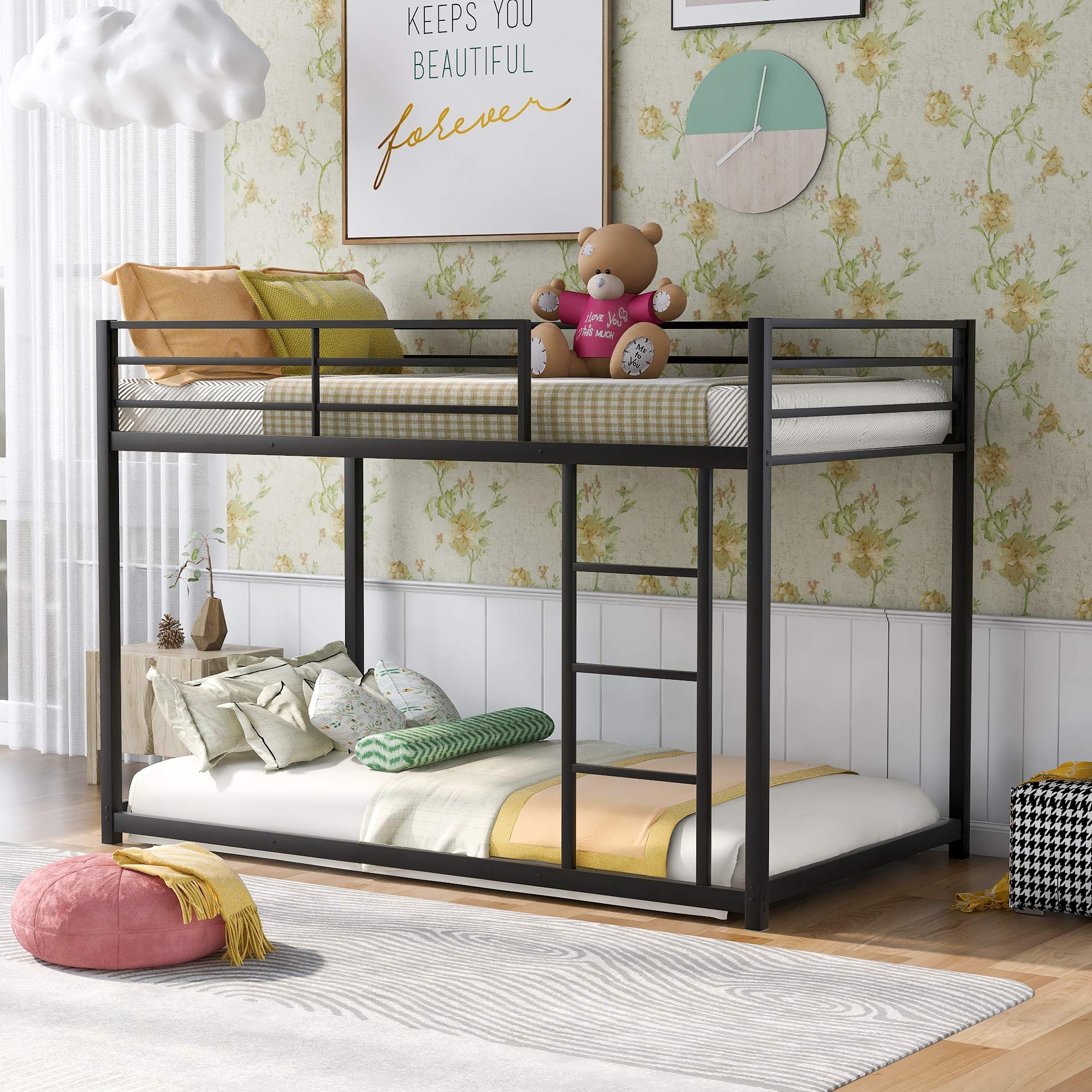 Winwee Heavy Duty Metal Bunk Bed with Safety Guard Rails & Flat Ladder - Twin Size Low Profile Bunk Bed Frame for Kids, Teens & Adults - No Box Spring Needed (Black) - Perfect for Dorm Rooms, Kids' Bedrooms & Space-Saving Home Solutions