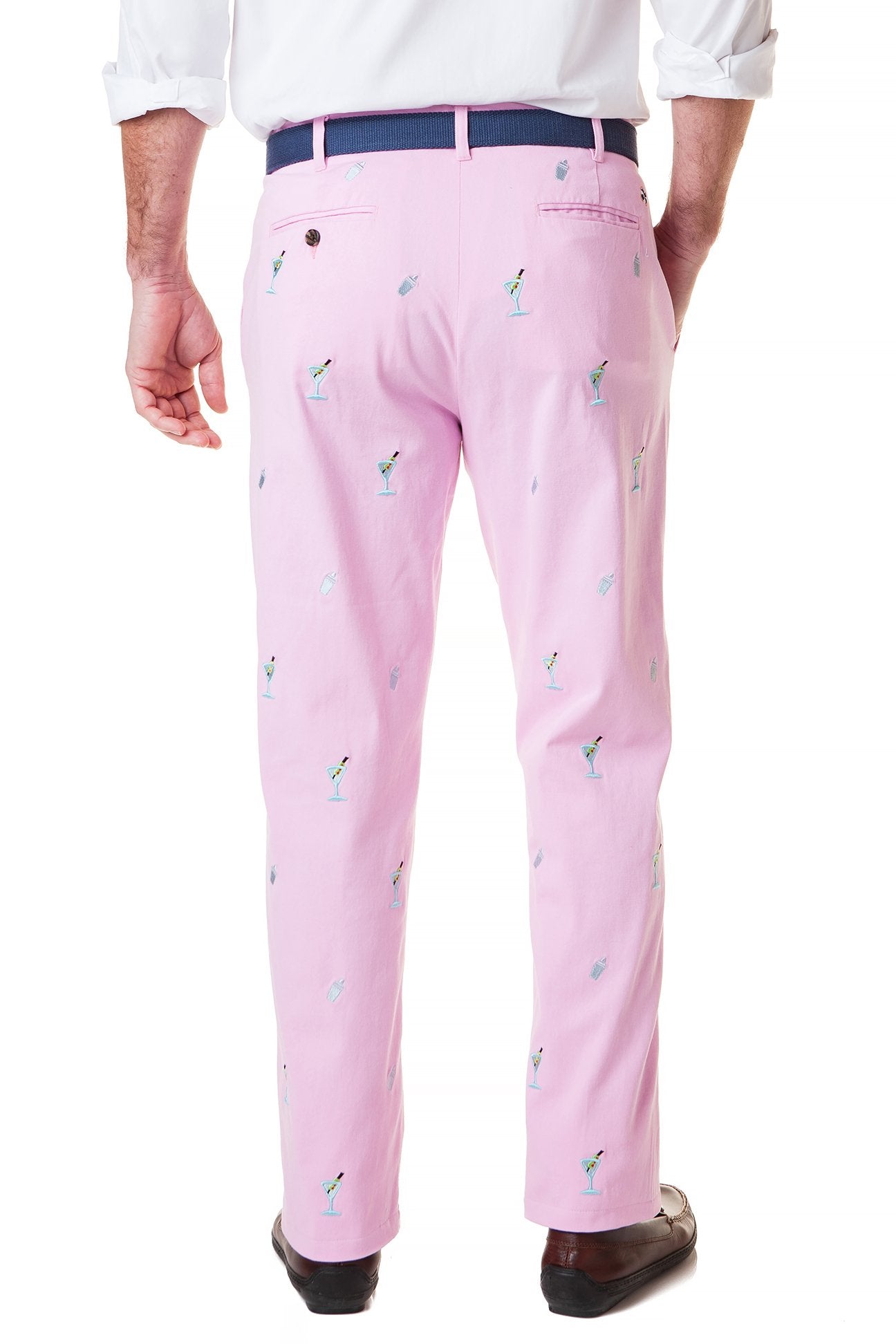Stretch Twill Harbor Pant in Pink with Martini & Shaker Print - Comfortable Women's Casual Pants for Work, Cocktail Parties & Everyday Wear