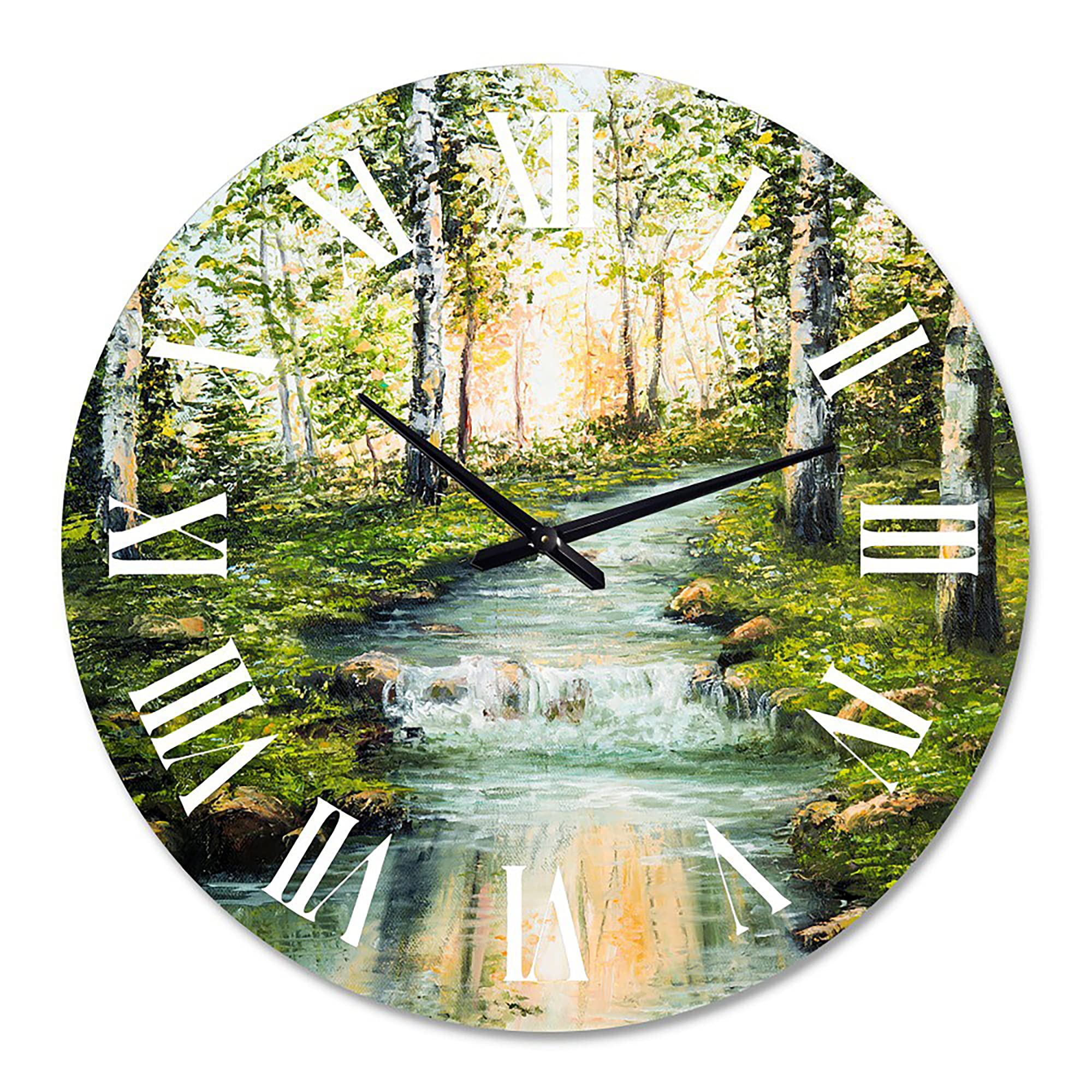 DesignQ Lake House Wall Clock 'River Through Birch Forest' - Large Landscape & Nature Wall Clock for Bedroom, Living Room, Office Decor - Perfect for Rustic, Farmhouse & Nature-Inspired Home Décor
