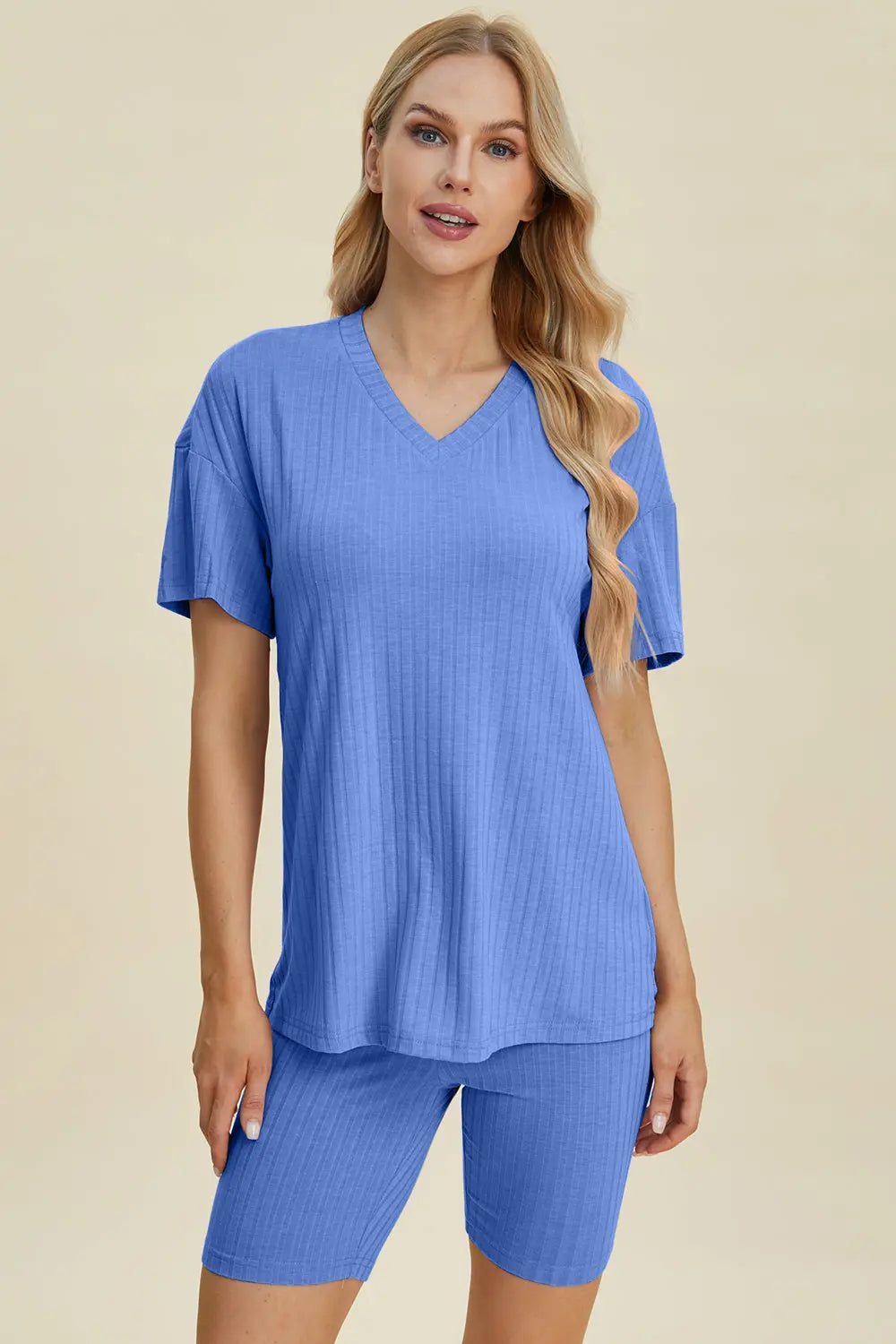 Basic Bae Full Size Ribbed V Neck Short Sleeve Top and Shorts Set - Women's Casual Summer Outfit for Beach, Lounge & Everyday Wear