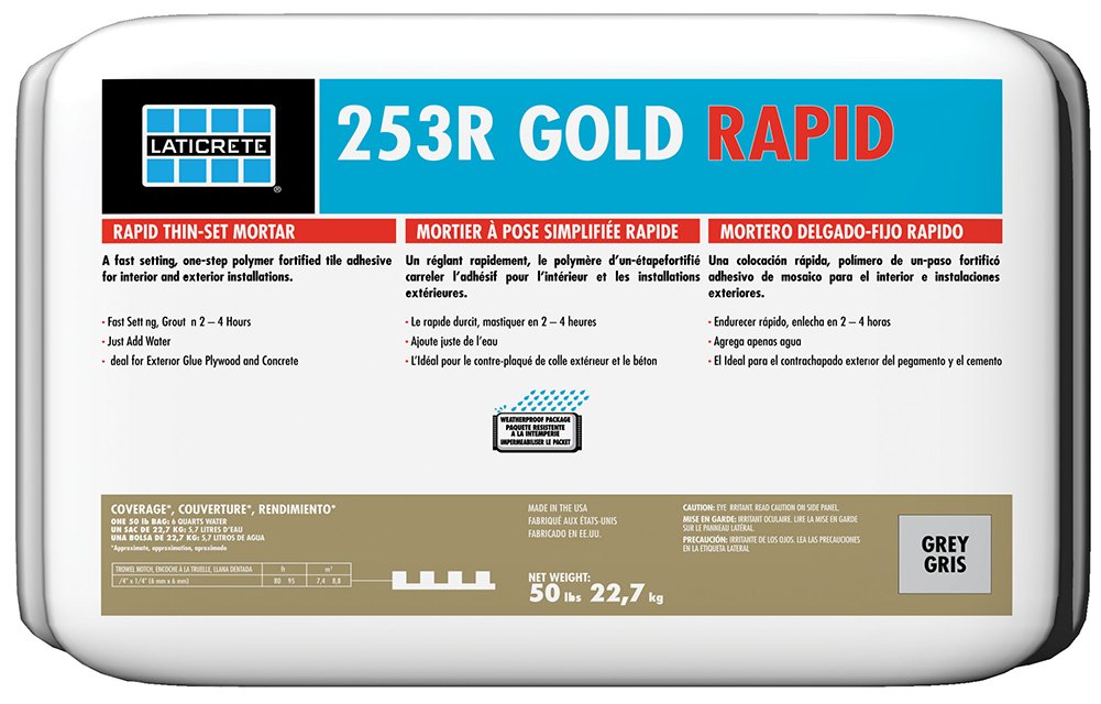 Laticrete 253R Gold Rapid Grey Premium Polymer-Modified Thin-Set Mortar - 50 lb Bag for Tile, Stone, and Backer Board Installation in Bathrooms, Kitchens, and Floors