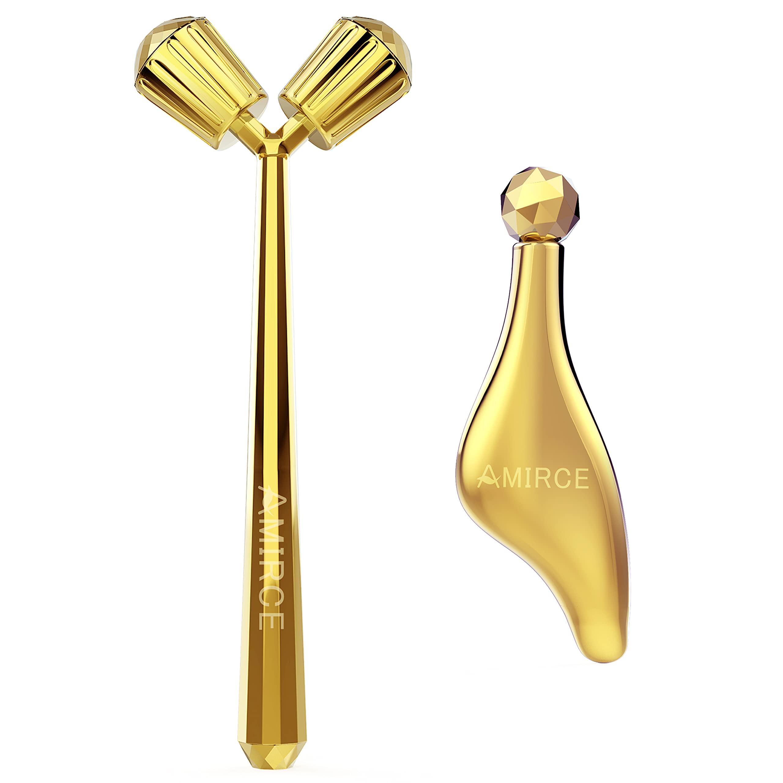 Amirce 3D Face Massager Roller & Gua Sha Tool Set for Women - Gold Facial Skin Care & Anti-Aging Massage Tools - Perfect for Home Spa, Relaxation & Skincare Routine