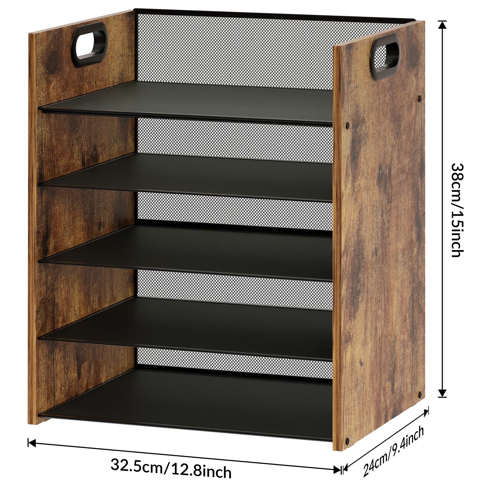 5-Tier Wooden File Organizer for Desk with Handle - Mesh & Metal Office Paper Organizer, Home Office & School File Cabinet - Perfect for Bills, Mail, Documents & Office Supplies Storage
