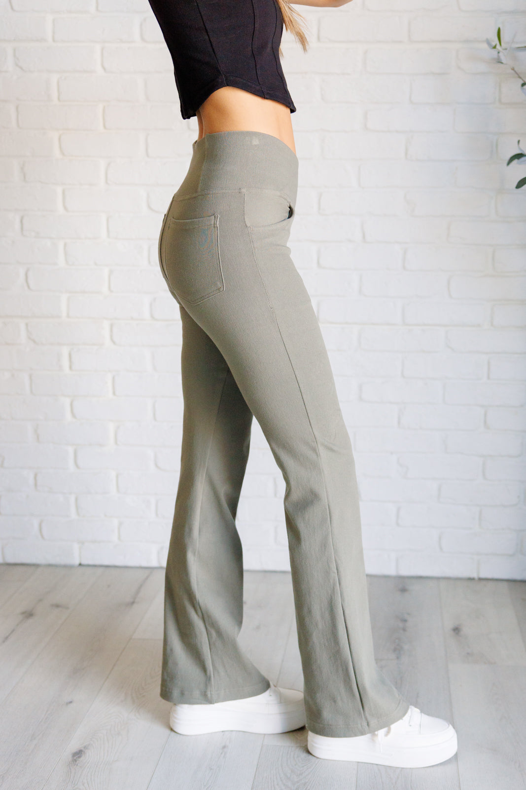Stylish Dusty Olive Twill Flared Crossover Waist Pants for Women - Perfect for Office Wear, Casual Outings & Travel