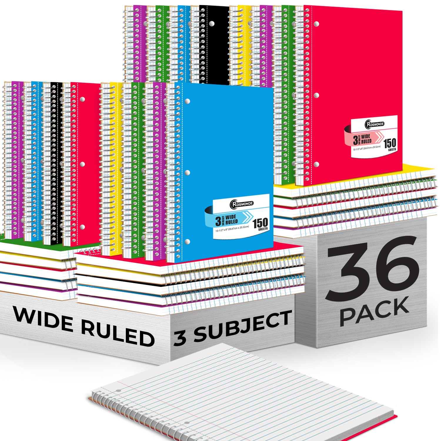 36 Pack 3 Subject Spiral Notebooks - Wide Ruled, Thick Paper, 300 Pages (150 Sheets), 8 x 10.5 Inch - Bulk School Supplies for Students, Teachers & Office Use | Perfect for Note Taking, Journaling & Homework Organization