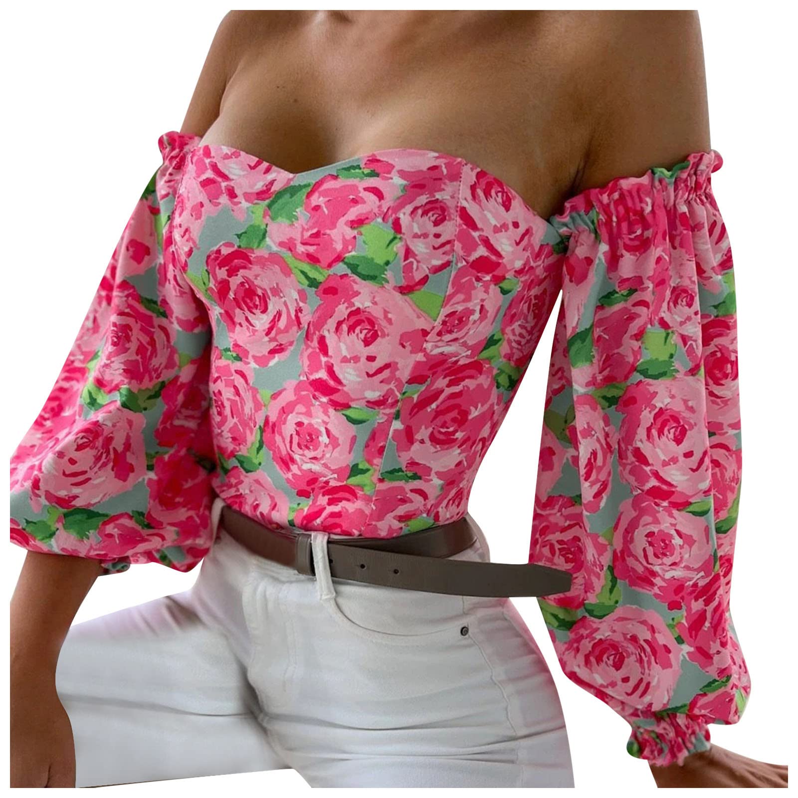 Women's Summer Off Shoulder Floral Print Blouse - Flare Long Sleeve T-Shirt for Casual Wear, Beach Outfits & Date Night | MPWEGNP