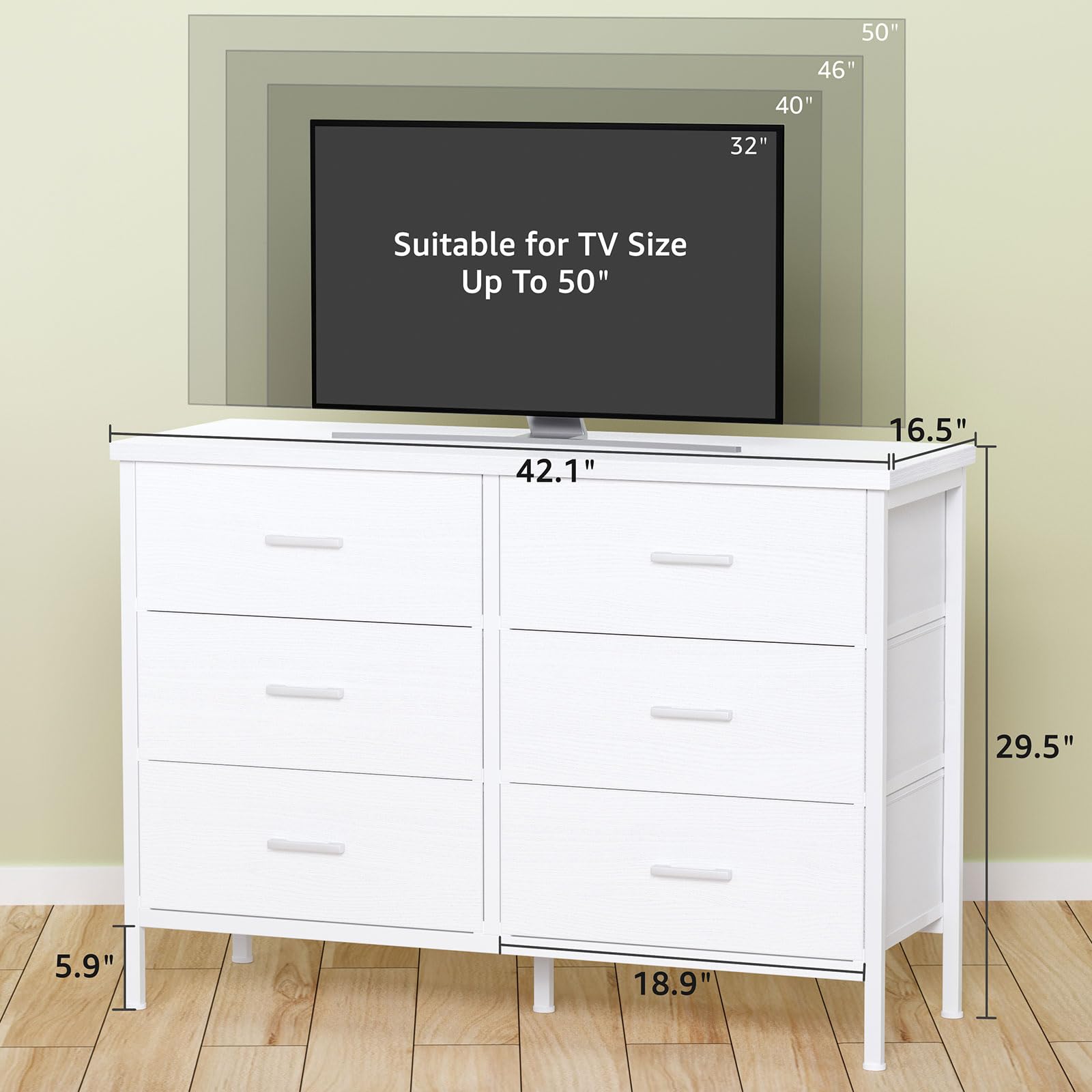 Modern White 6-Drawer Dresser for Bedroom - Wide TV Stand for 50