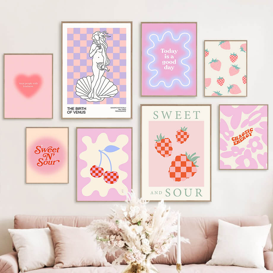 Sweet and Sour Checkered Canvas Posters - Vintage Aesthetic Wall Art for Bedroom, Living Room, and Office Decor