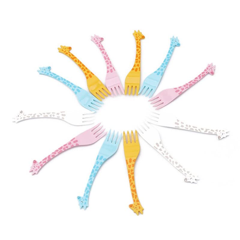 SpiderJuice 12-Piece Reusable Plastic Cutlery Set - Colorful Giraffe Design Kids Forks for Lunch Box, Picnics, School Meals & Parties - Perfect for Fruits, Salads, Noodles, Desserts & Cake Serving