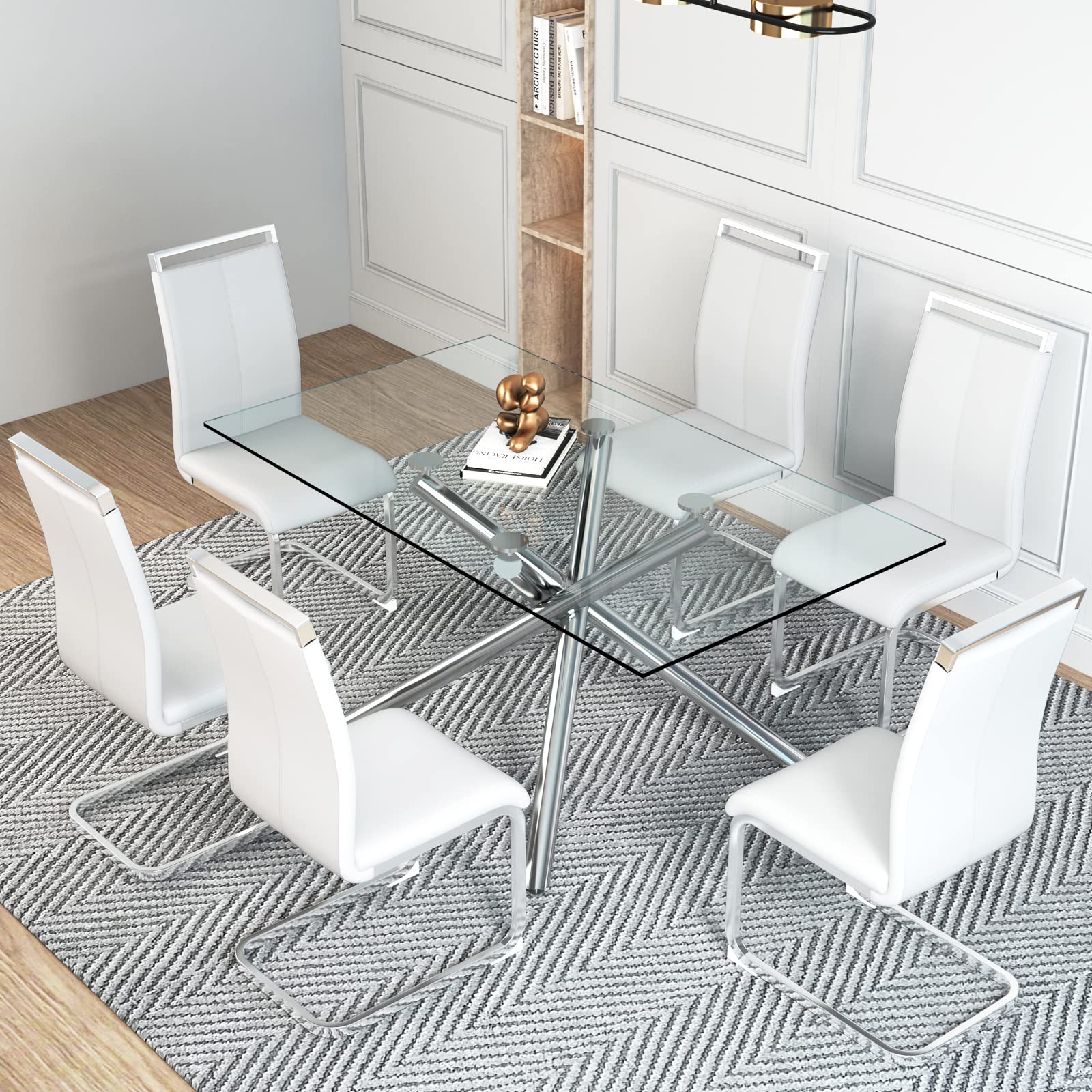 63 Inch Modern Rectangular Glass Dining Table for 4-6 People - Tempered Glass Top with Silver Metal Legs - Perfect for Kitchen, Dining Room & Small Space Entertaining