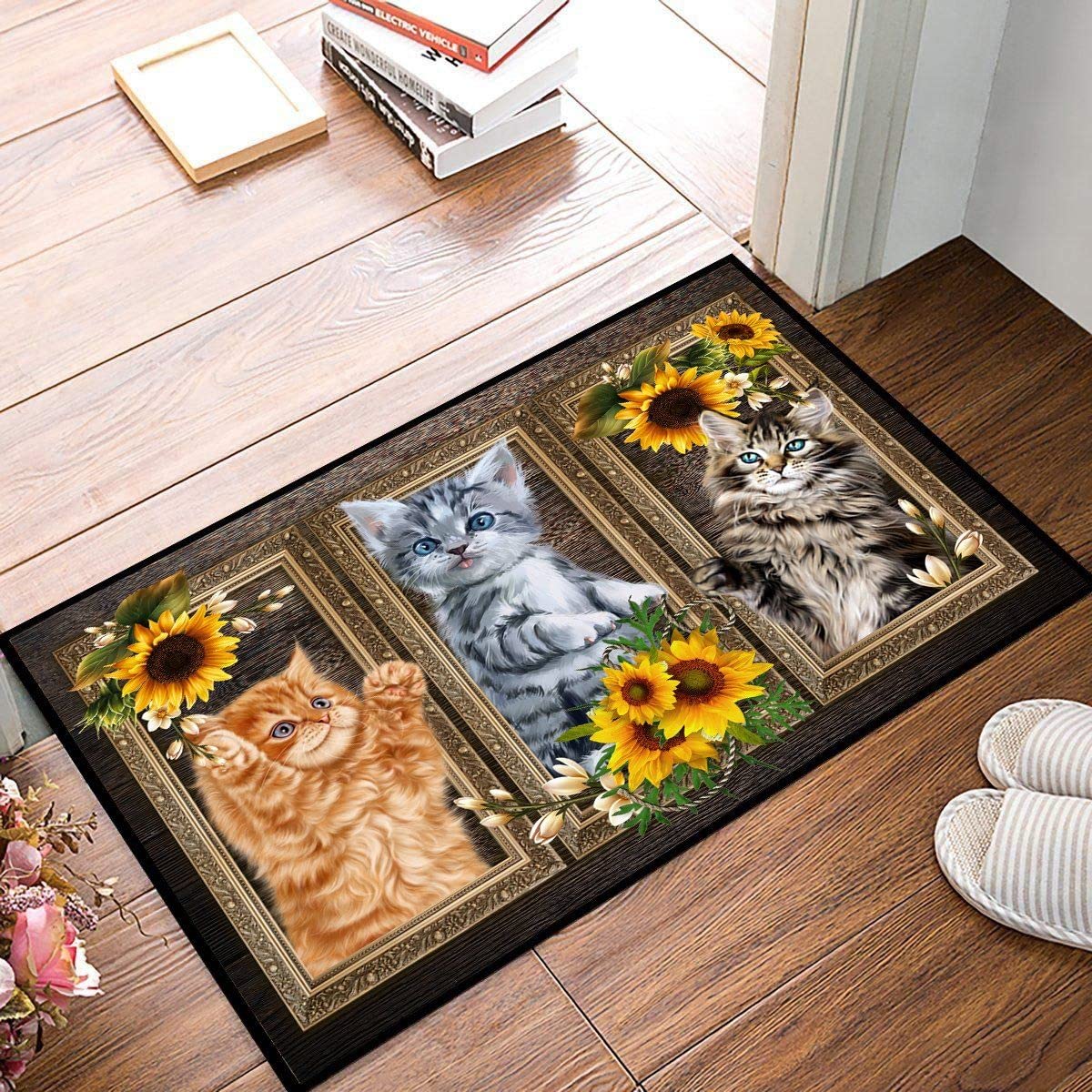 Sunflower Photo Frame Cat Doormat - Non-Slip Indoor Entrance Mat, Cute Home Decor Rug for Housewarming Gifts - Perfect for Living Room, Bedroom, or Front Door