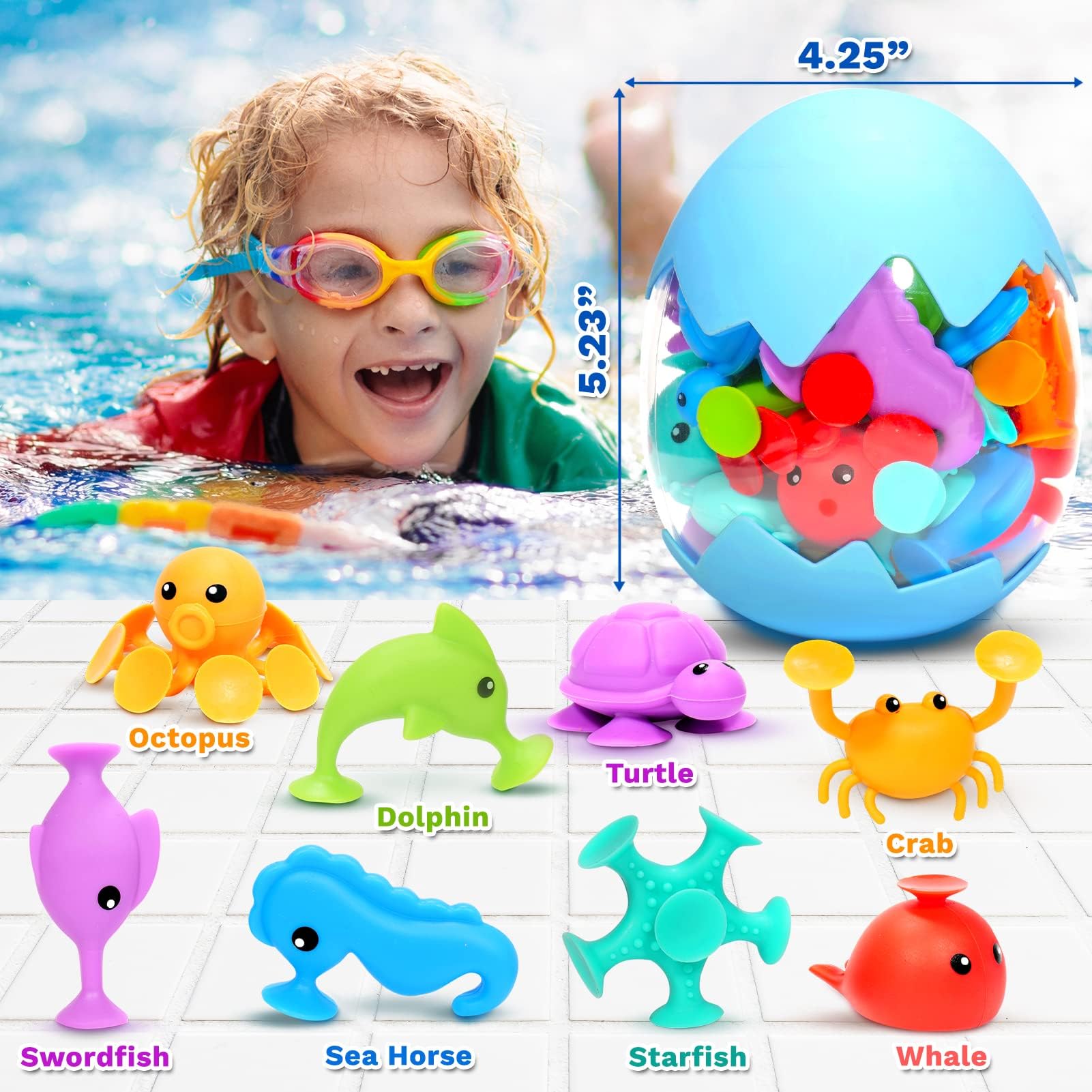 Suction Bath Toys for Kids - Fine Motor Window Toys, Silicone Ocean Animal Suction Cup Toys with Dinosaur Eggshell, Sensory Travel Toys for Toddlers, Autism/ADD/ADHD Friendly - Perfect for Bathtime Fun, Car Windows, and Sensory Play Therapy