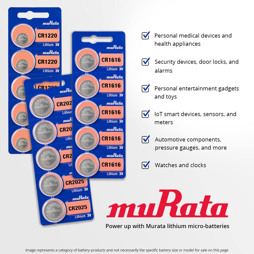 Murata CR1220 3V Lithium Coin Cell Battery - 2 Pack, Replacement for Sony CR1220 - Perfect for Watches, Key Fobs, Calculators & Small Electronics