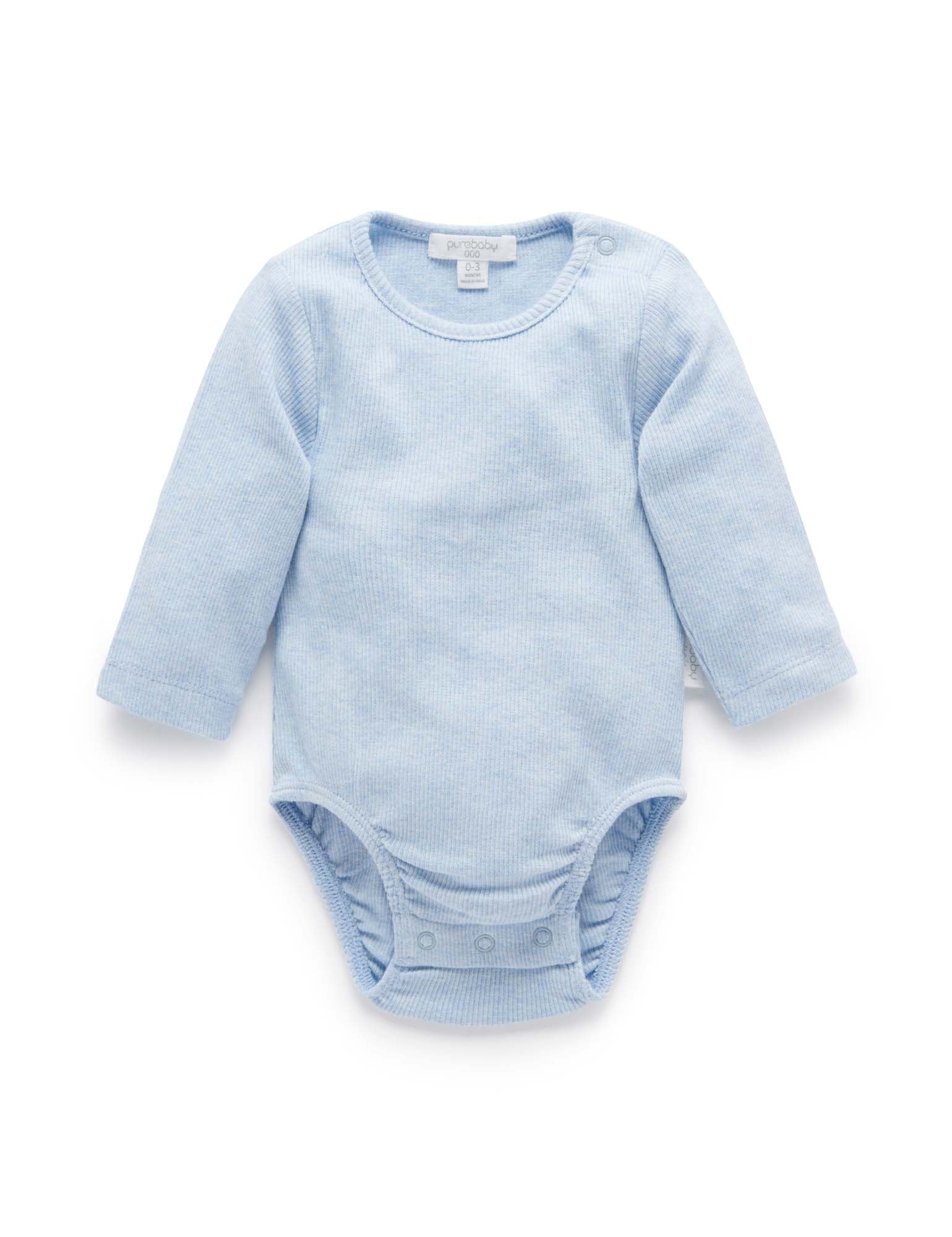 Purebaby Organic Cotton Ribbed Long Sleeve Bodysuit for Babies - Soft & Comfortable Blue Mélange One-Piece - Perfect for Everyday Wear, Playtime & Photo Shoots