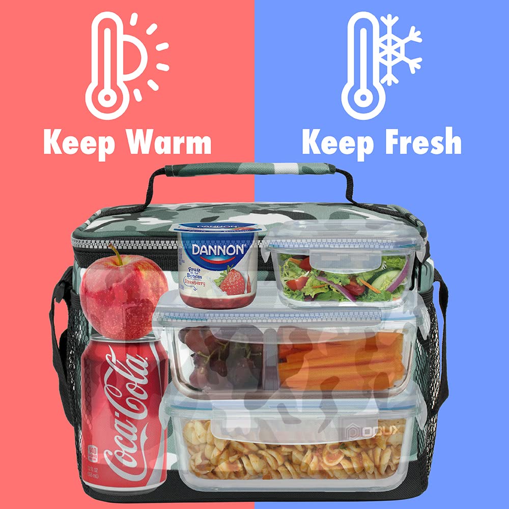 Opux Insulated Lunch Box for Men & Women - Leakproof Soft Cooler Tote for Work, School, Picnic & Beach - Large Lunch Bag with Shoulder Strap for Adults & Kids (Camo Green) - Perfect for Office Meals, School Lunches & Outdoor Adventures