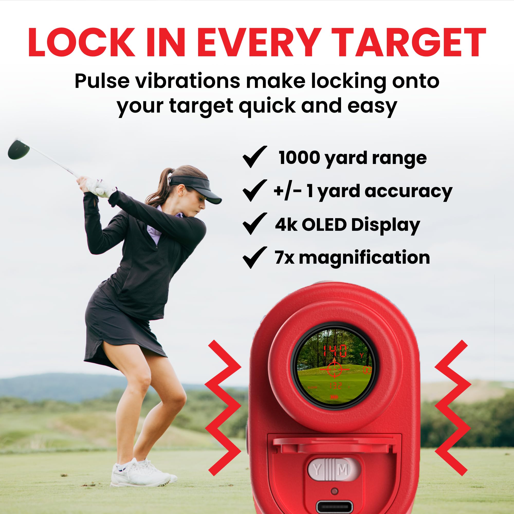Pinned Prism Slope Golf Rangefinder with USB Rechargeable Laser Distance Finder - Slope Adjustable Golf Accessory for Men & Women - Perfect for Course Play, Practice & Tournament Use