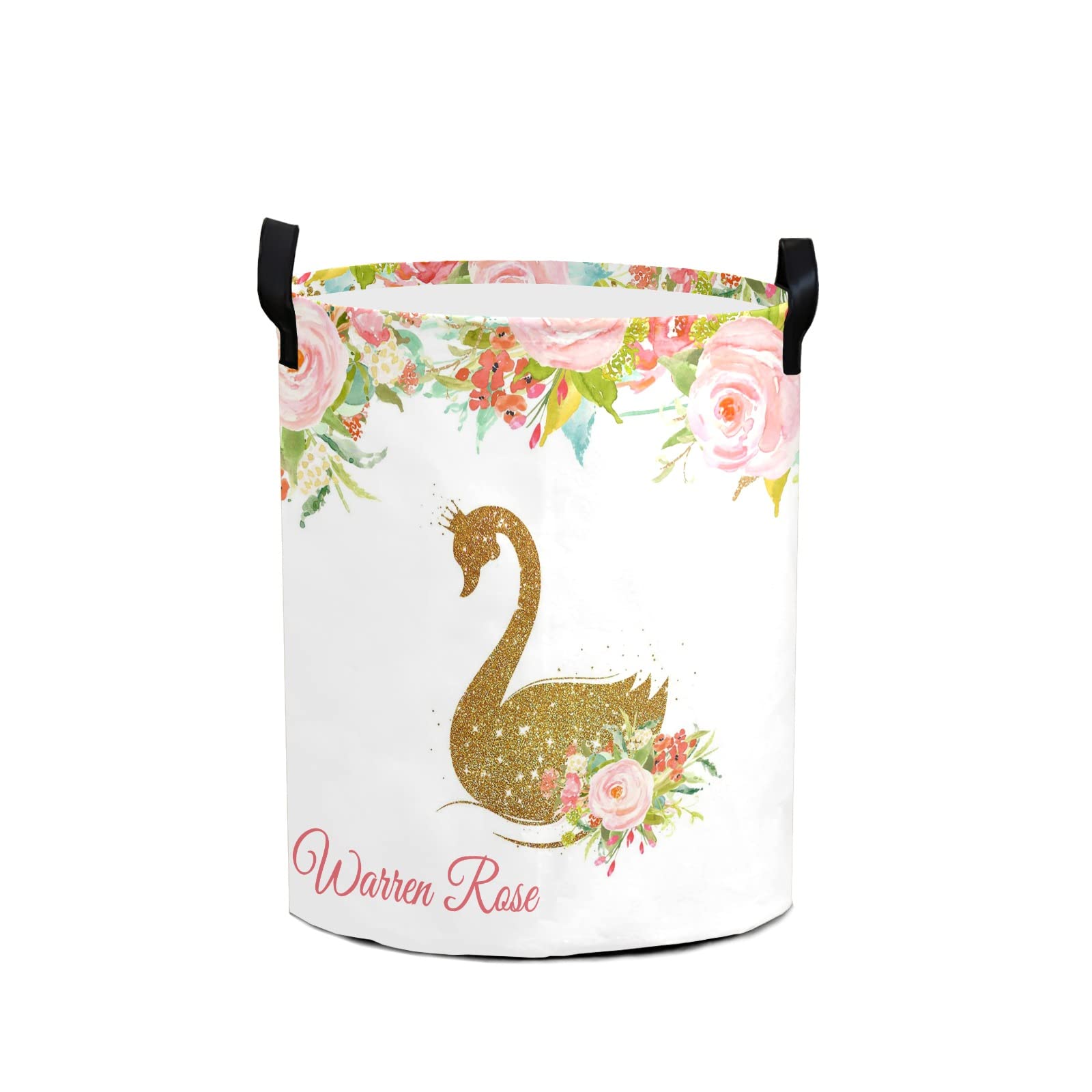 **Personalized Pink Floral Gold Swan Laundry Basket with Handles - Waterproof & Collapsible Clothes Hamper for Bedroom, Bathroom - Large Capacity Storage Organizer for Home Decor & Laundry Day**    *(Use Case: Perfect for organizing dirty clothes, stylish home decor, or as a gift for housewarming, weddings, or dorm essentials.)*