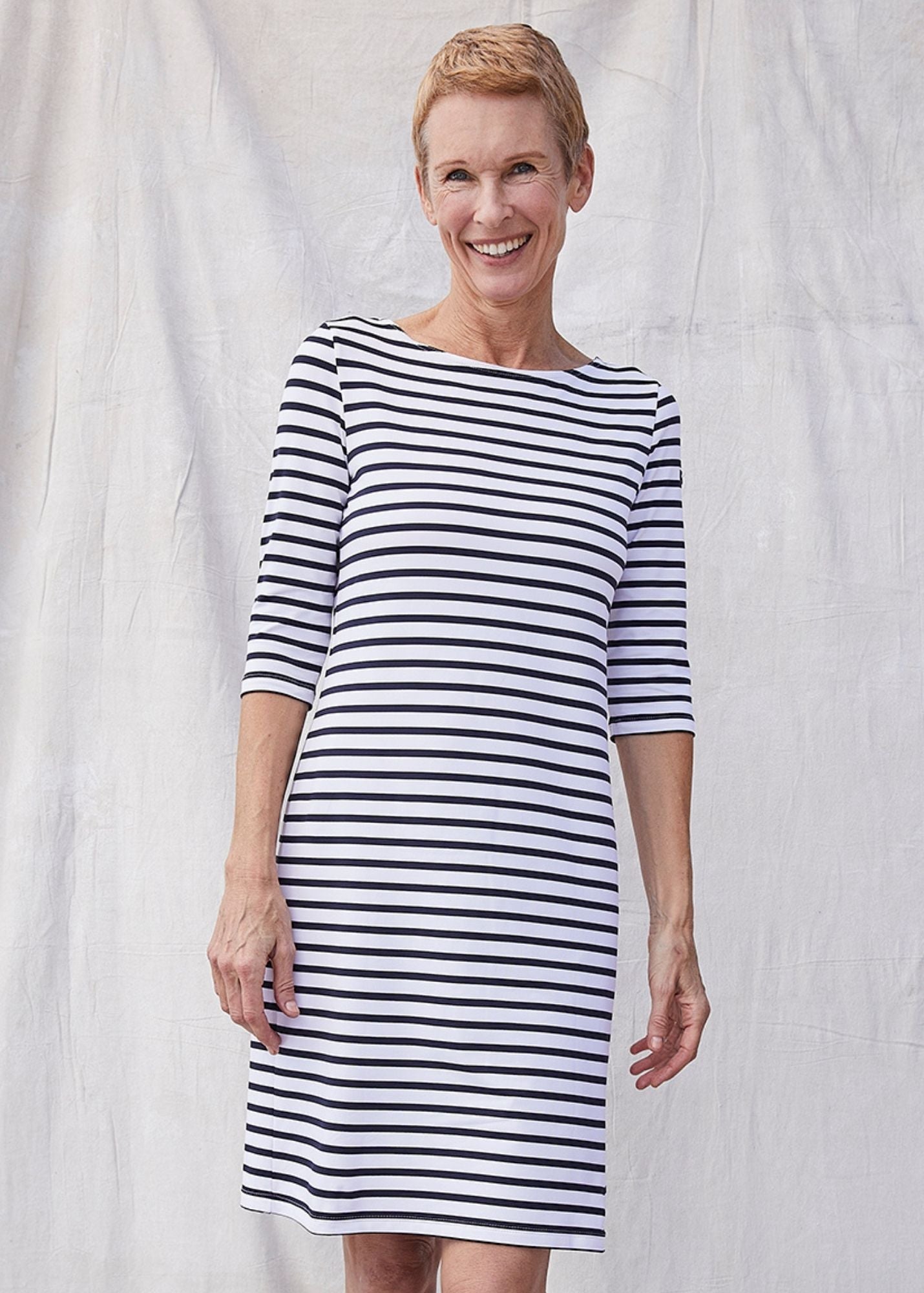 PROPRIANO Slim Fit Nautical Striped Dress - UPF Sun Protection, Stretchy Comfort Fabric (White/Navy) | Perfect for Beach Vacations, Summer Parties & Casual Outings