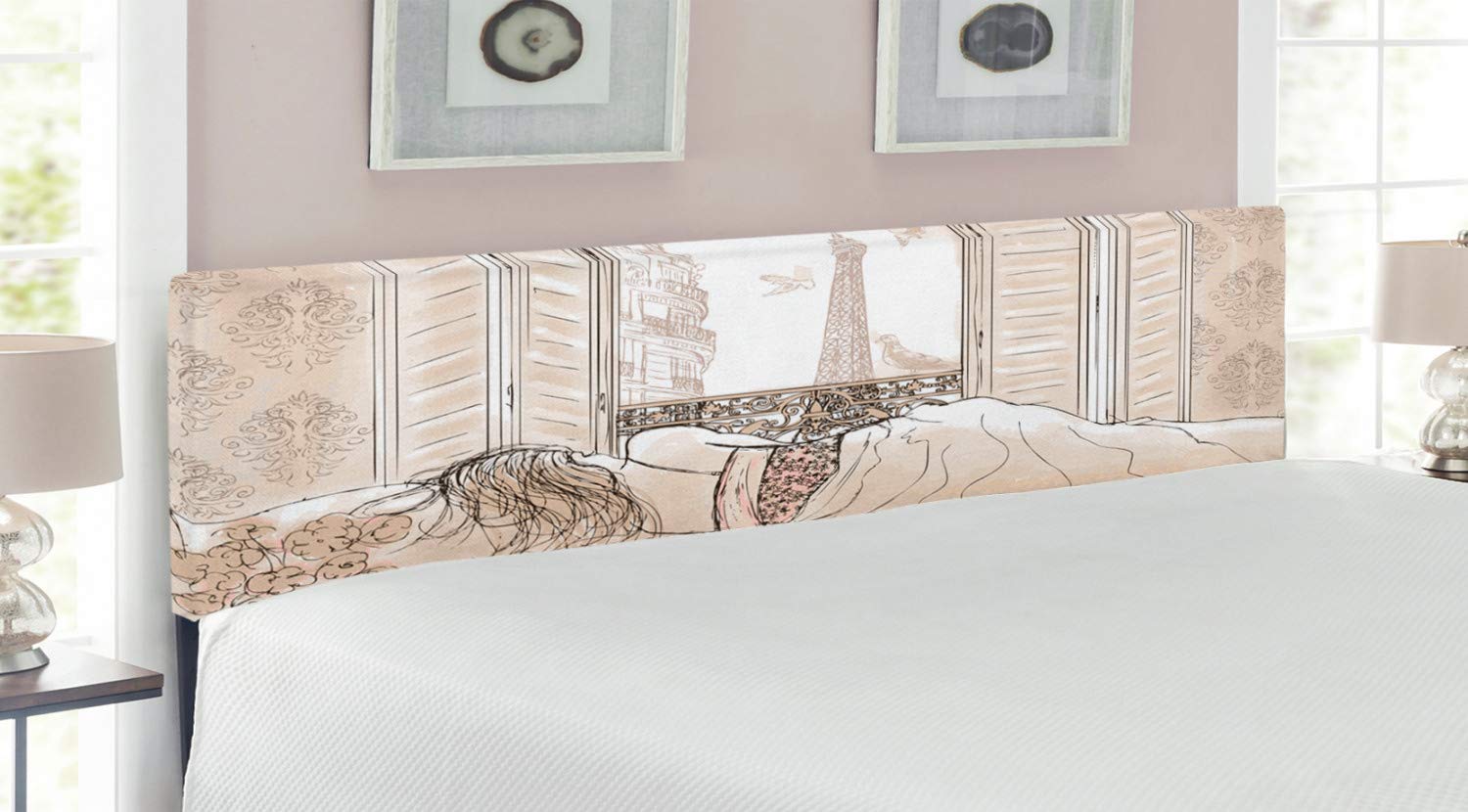 Ambesonne Parisian Headboard - Romantic Eiffel Tower View with Sleeping Woman Sketch, Modern Upholstered Metal Bed Headboard with Memory Foam, King Size Cream - Perfect for Bedroom Decor & Paris-Themed Home Interiors