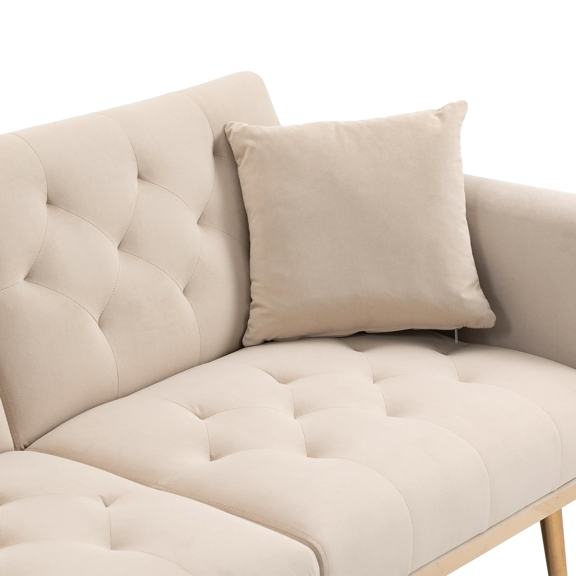 65-inch Velvet Loveseat Sofa Bed - Modern Futon Couch with Rose Gold Metal Legs & 2 Throw Pillows - Upholstered Folding Sofa for Small Spaces, Living Room, Bedroom, Apartment & Guest Room - Perfect for Lounging, Napping & Extra Sleeping Space