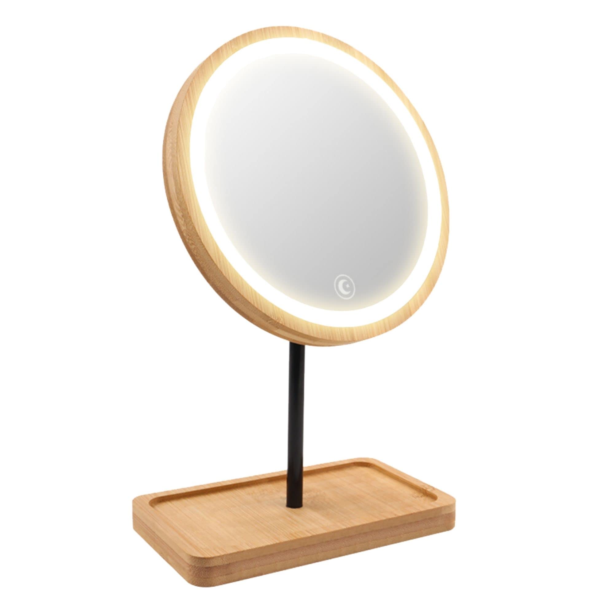 LED Lighted Makeup Mirror with 3 Adjustable Lights | USB Rechargeable Vanity Mirror | 360° Rotation & Bamboo Wood Stand | Portable Beauty Organizer for Home & Travel | Perfect for Dressing Table, Bathroom & Professional Makeup Application