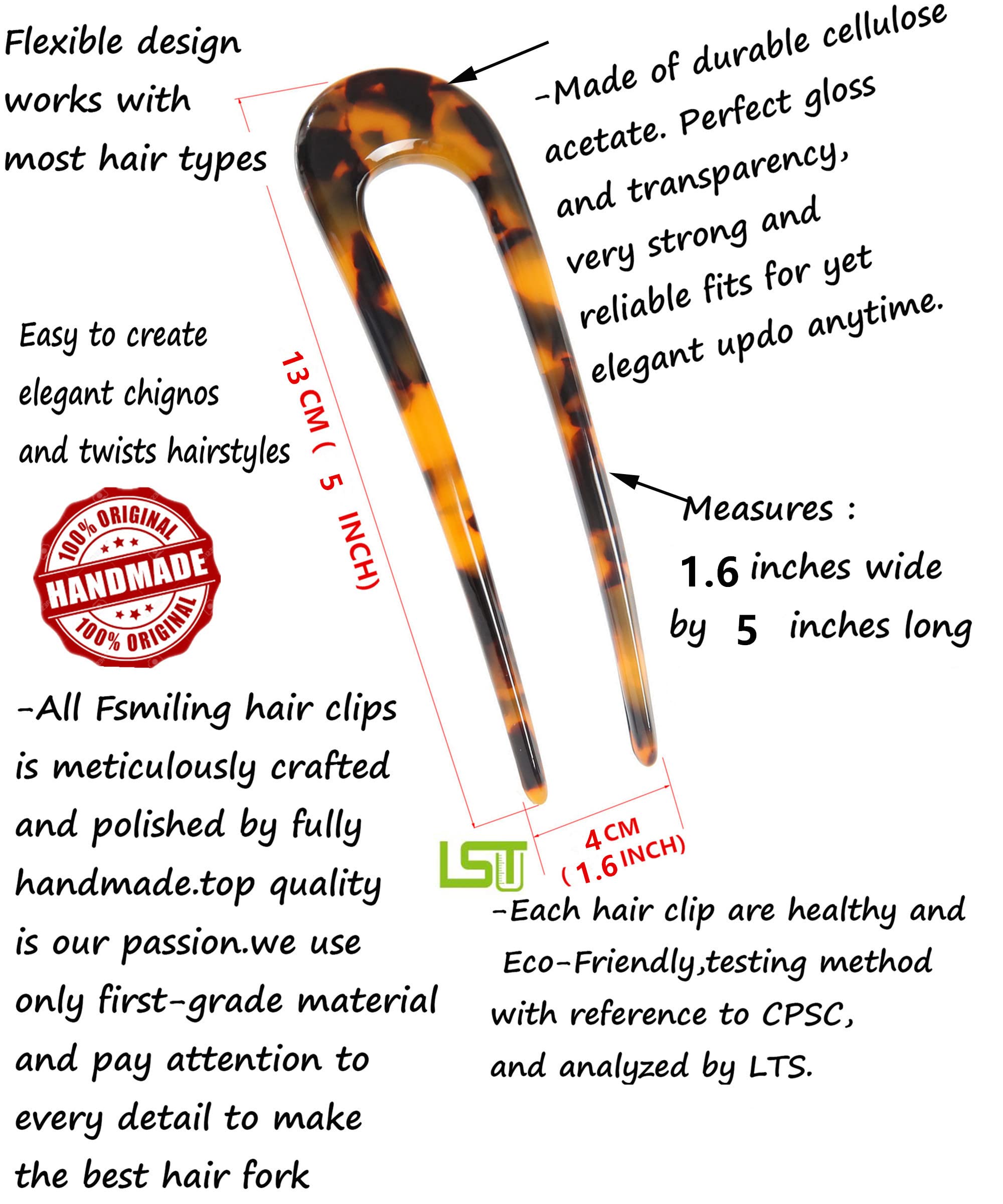 Tortoise Shell French Hair Forks & U-Shaped Hair Pins Set - 2 Prong Acetate Hair Sticks for Women, Chignon & Updo Hairstyles (2 Pack) - Perfect for Weddings, Parties & Everyday Elegant Looks